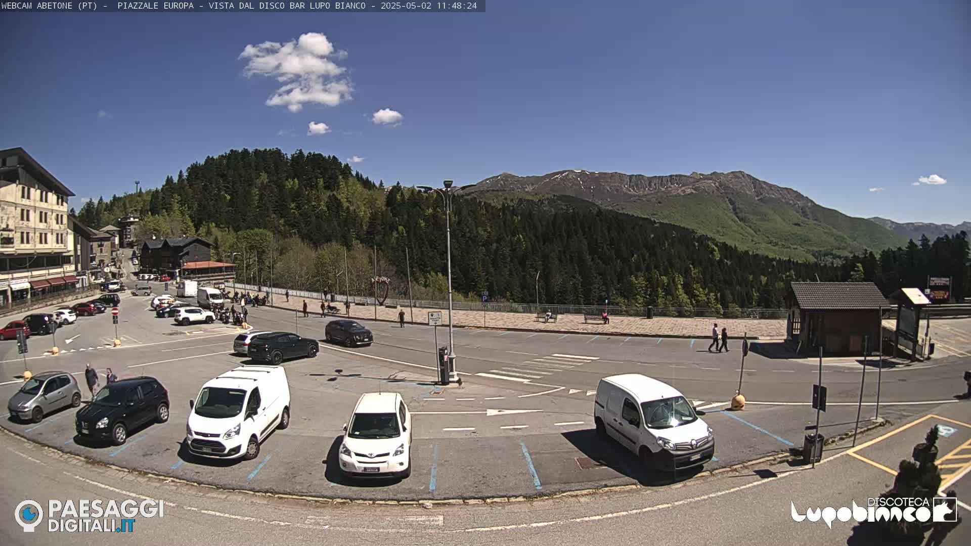 A sunny day reveals a parking lot filled with cars and vans, overlooking a mountainside covered in lush green trees and a few patches of snow.