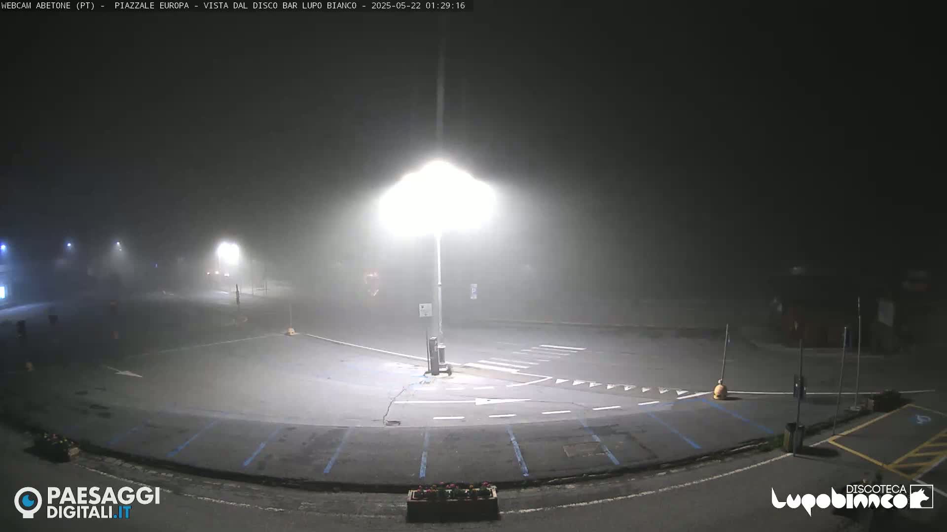 A fog-shrouded, empty parking lot at night is illuminated by bright streetlights.