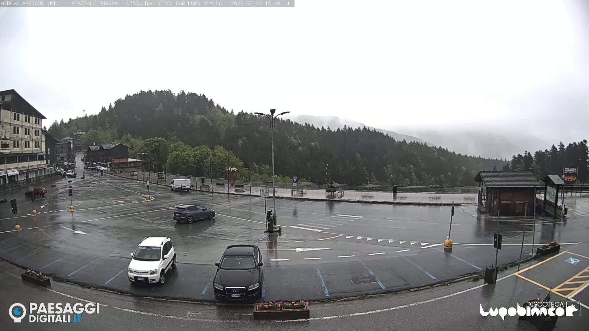 A wet parking lot with several cars is situated in front of buildings and a hillside shrouded in mist.