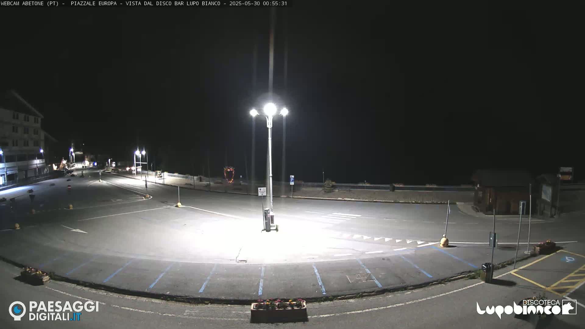 An empty, asphalt parking lot is illuminated at night by tall streetlights, with a building visible in the background.
