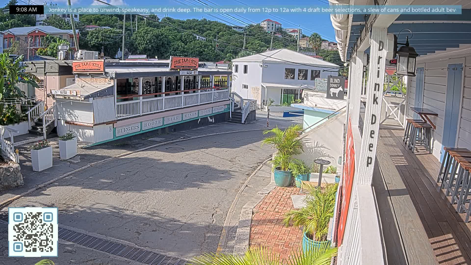 St. John, Cruz Bay Prince Street (Pridsens Gade) from Blind Donkey Live Cam - Cruz Bay, St. John, United States Virgin Islands, USA