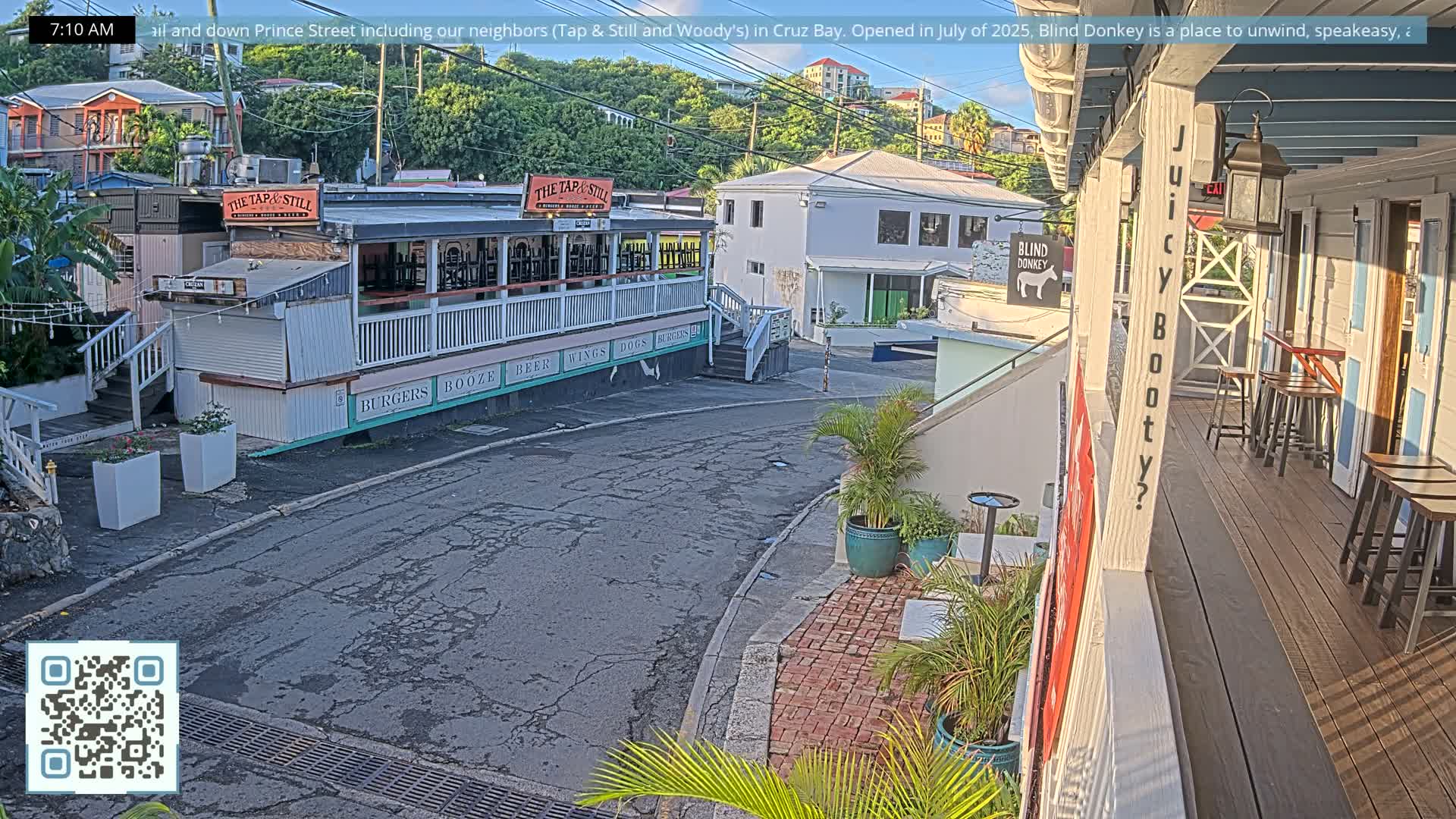 St. John, Cruz Bay Prince Street (Pridsens Gade) from Blind Donkey Live Cam - Cruz Bay, St. John, United States Virgin Islands, USA