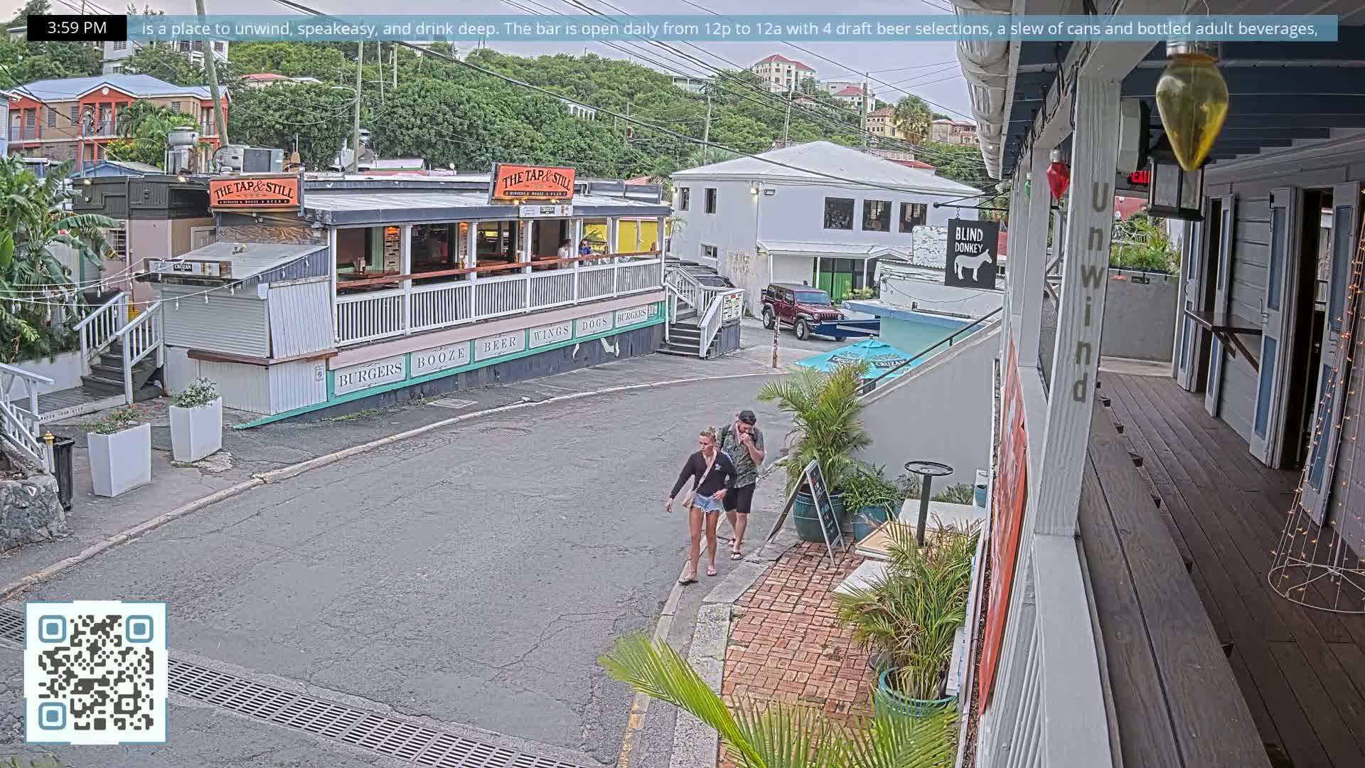 St. John, Cruz Bay Prince Street (Pridsens Gade) from Blind Donkey Live Cam - Cruz Bay, St. John, United States Virgin Islands, USA