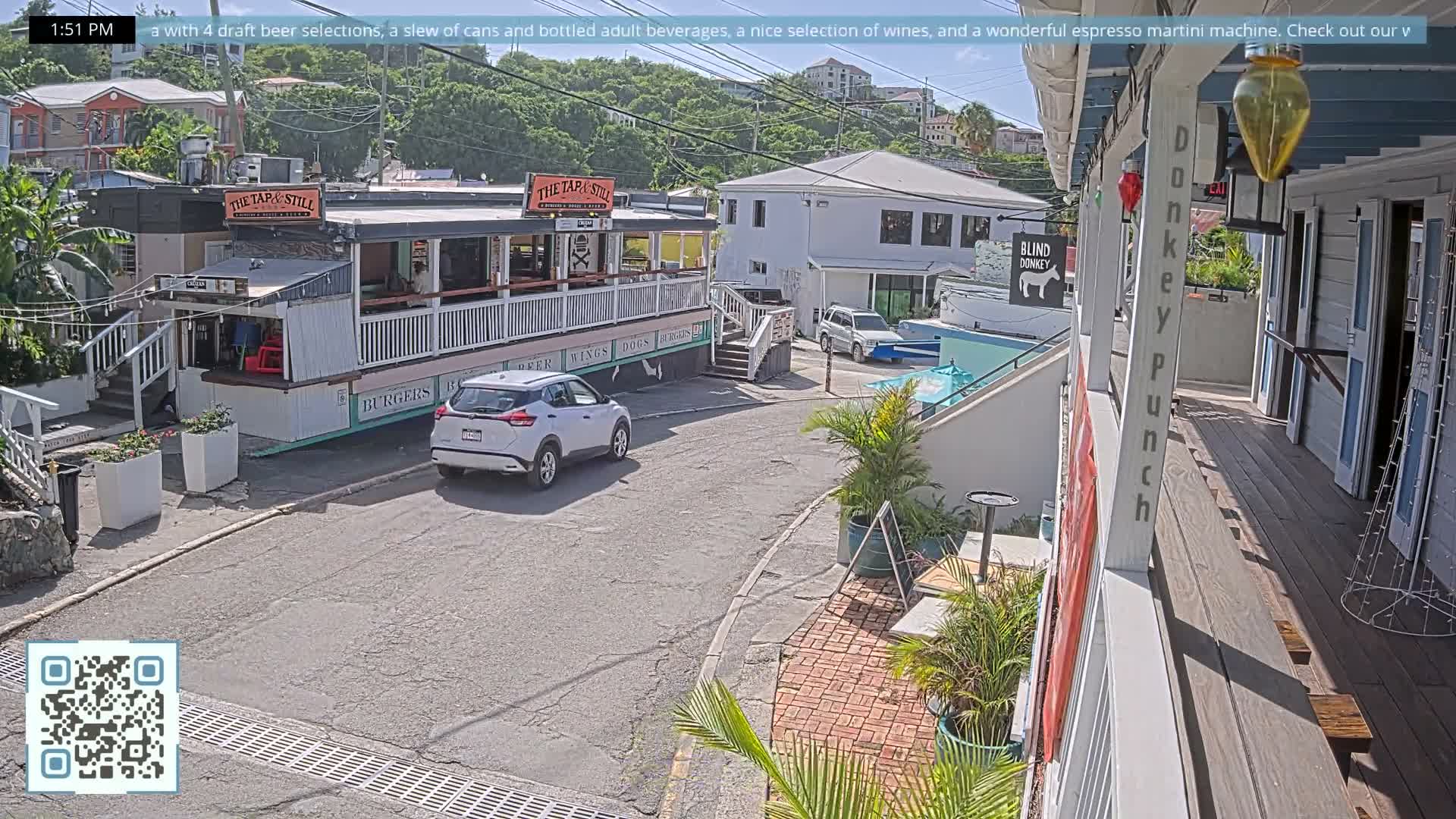 An outdoor nocturnal scene depicts a quiet, artificially lit street in a town, featuring a prominent bar-like building with a large outdoor deck and multiple sets of steps, alongside other structures, adorned with numerous potted plants, all under clear skies.