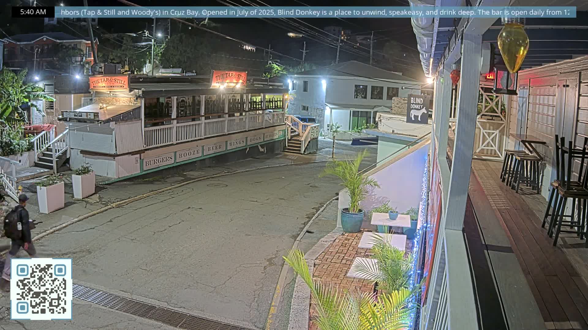 An outdoor nocturnal scene depicts a quiet, artificially lit street in a town, featuring a prominent bar-like building with a large outdoor deck and multiple sets of steps, alongside other structures, adorned with numerous potted plants, all under clear skies.