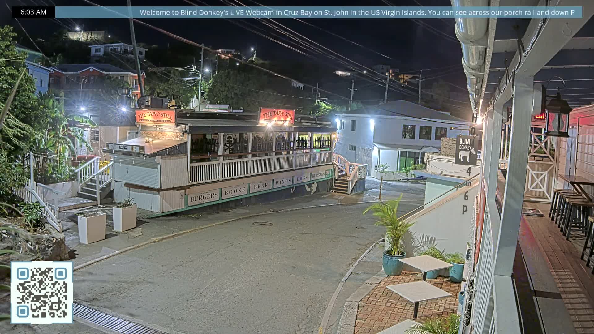 St. John, Cruz Bay Prince Street (Pridsens Gade) from Blind Donkey Live Cam - Cruz Bay, St. John, United States Virgin Islands, USA