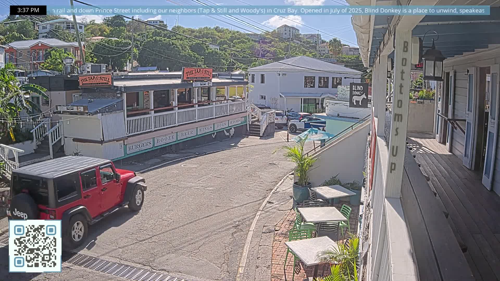St. John, Cruz Bay Prince Street (Pridsens Gade) from Blind Donkey Live Cam - Cruz Bay, St. John, United States Virgin Islands, USA