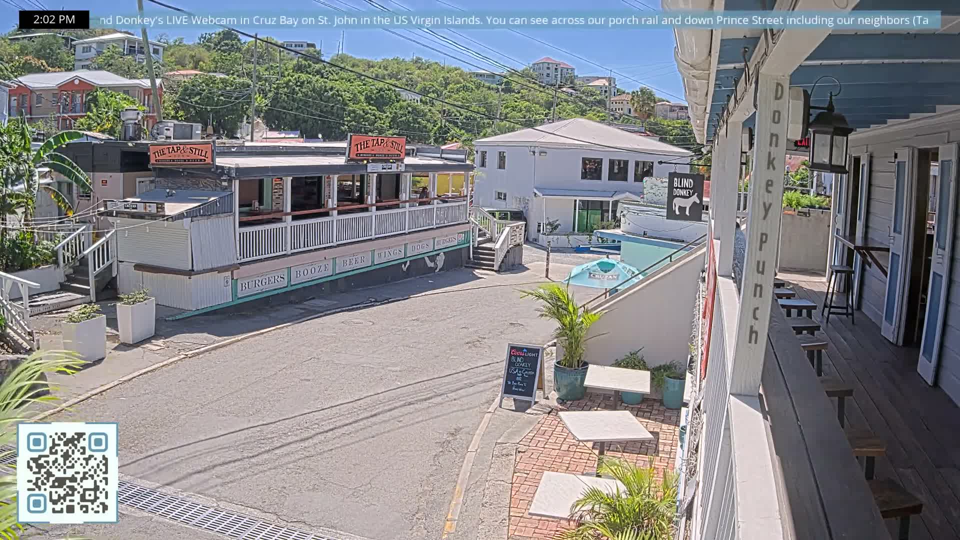 St. John, Cruz Bay Prince Street (Pridsens Gade) from Blind Donkey Live Cam - Cruz Bay, St. John, United States Virgin Islands, USA
