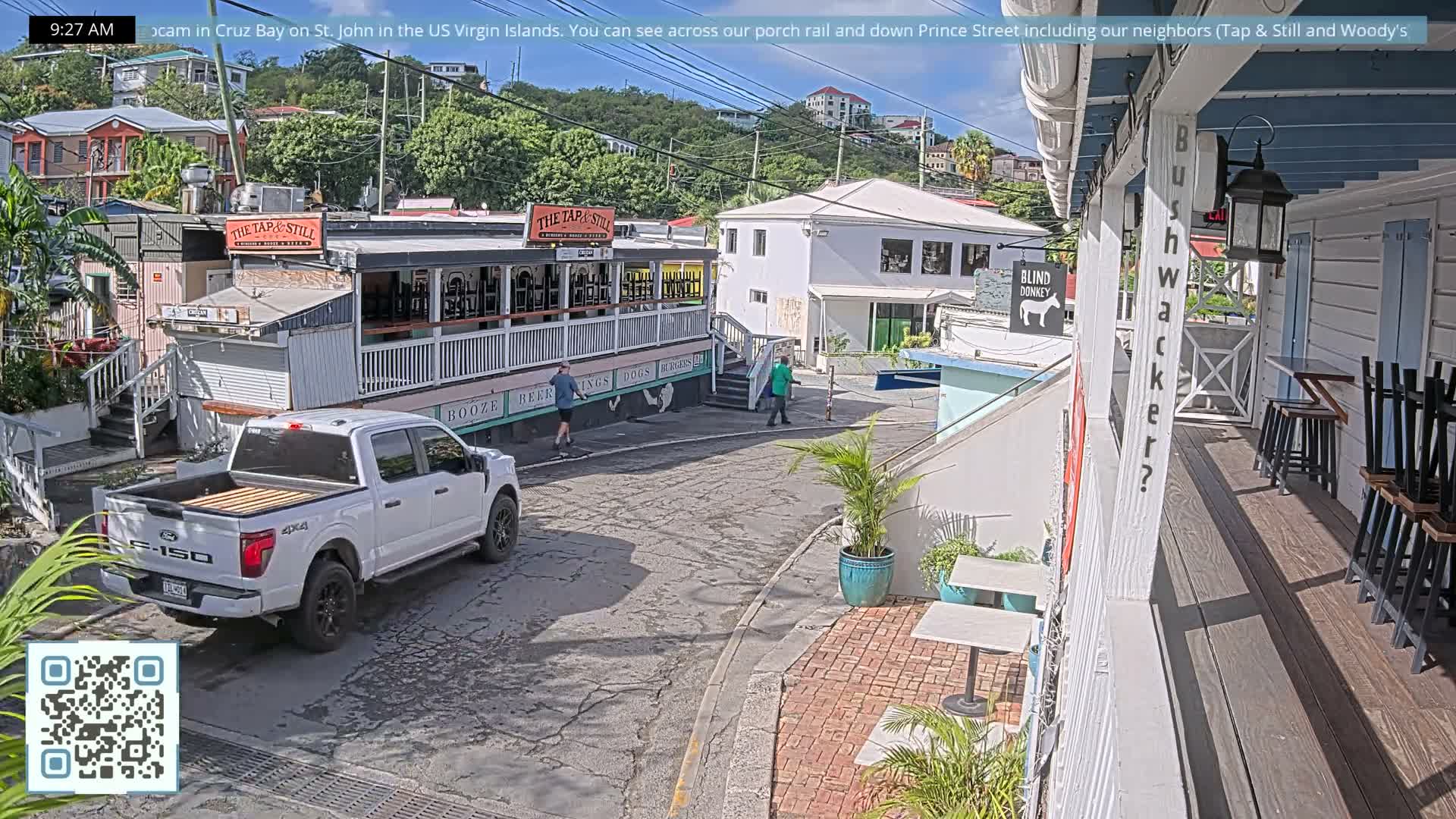 St. John, Cruz Bay Prince Street (Pridsens Gade) from Blind Donkey Live Cam - Cruz Bay, St. John, United States Virgin Islands, USA