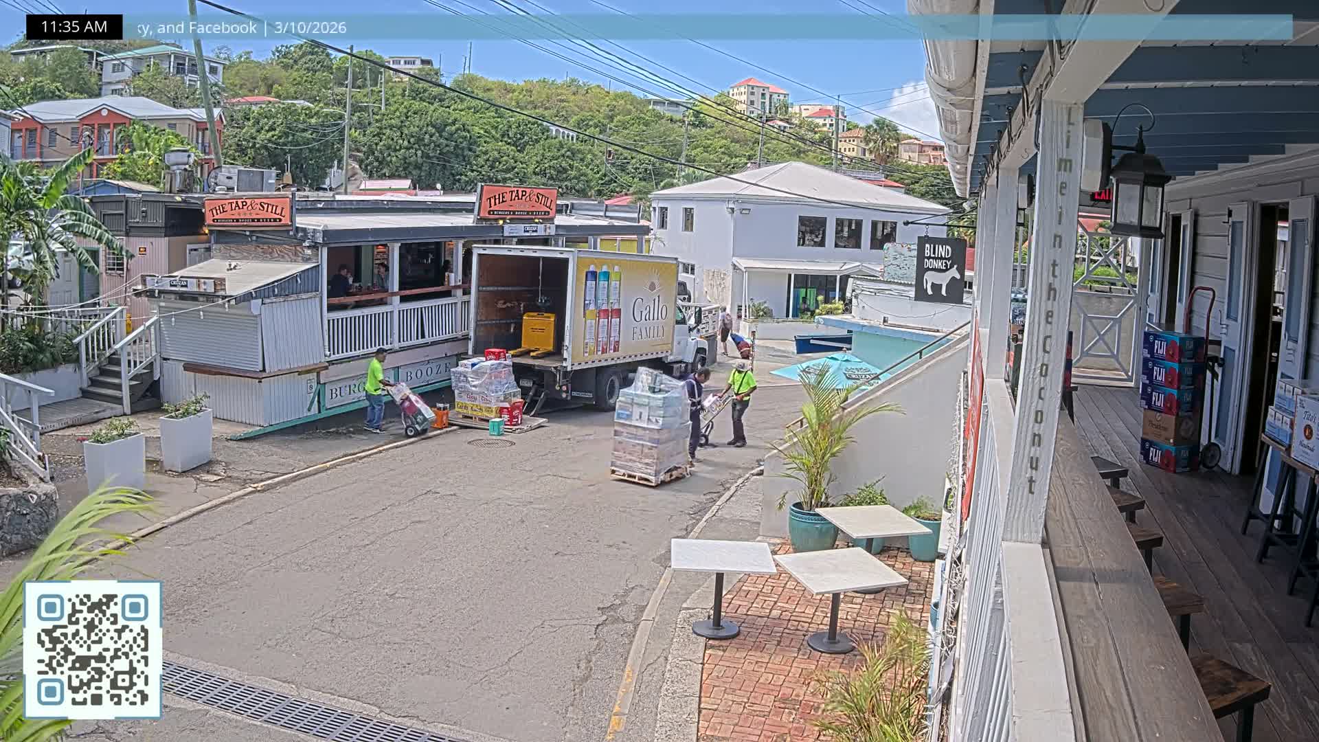 St. John, Cruz Bay Prince Street (Pridsens Gade) from Blind Donkey Live Cam - Cruz Bay, St. John, United States Virgin Islands, USA
