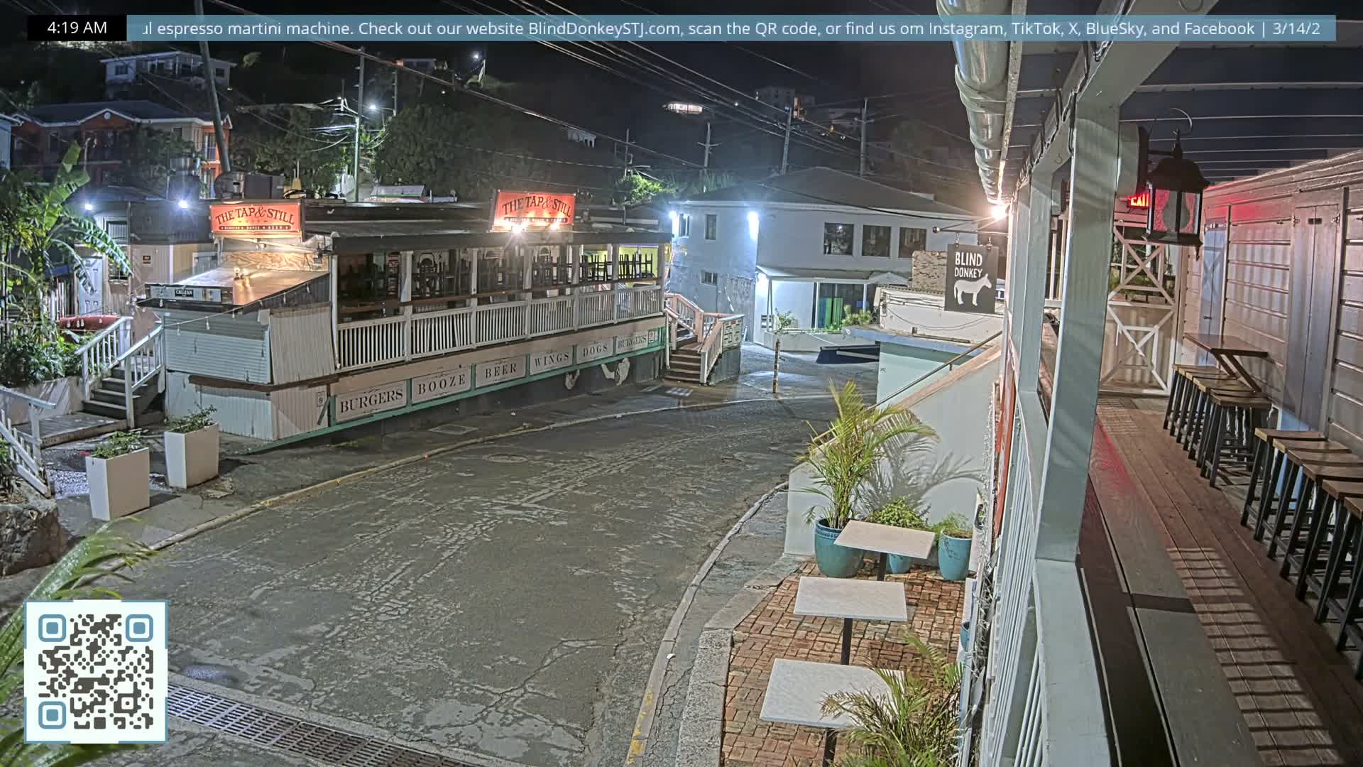 St. John, Cruz Bay Prince Street (Pridsens Gade) from Blind Donkey Live Cam - Cruz Bay, St. John, United States Virgin Islands, USA
