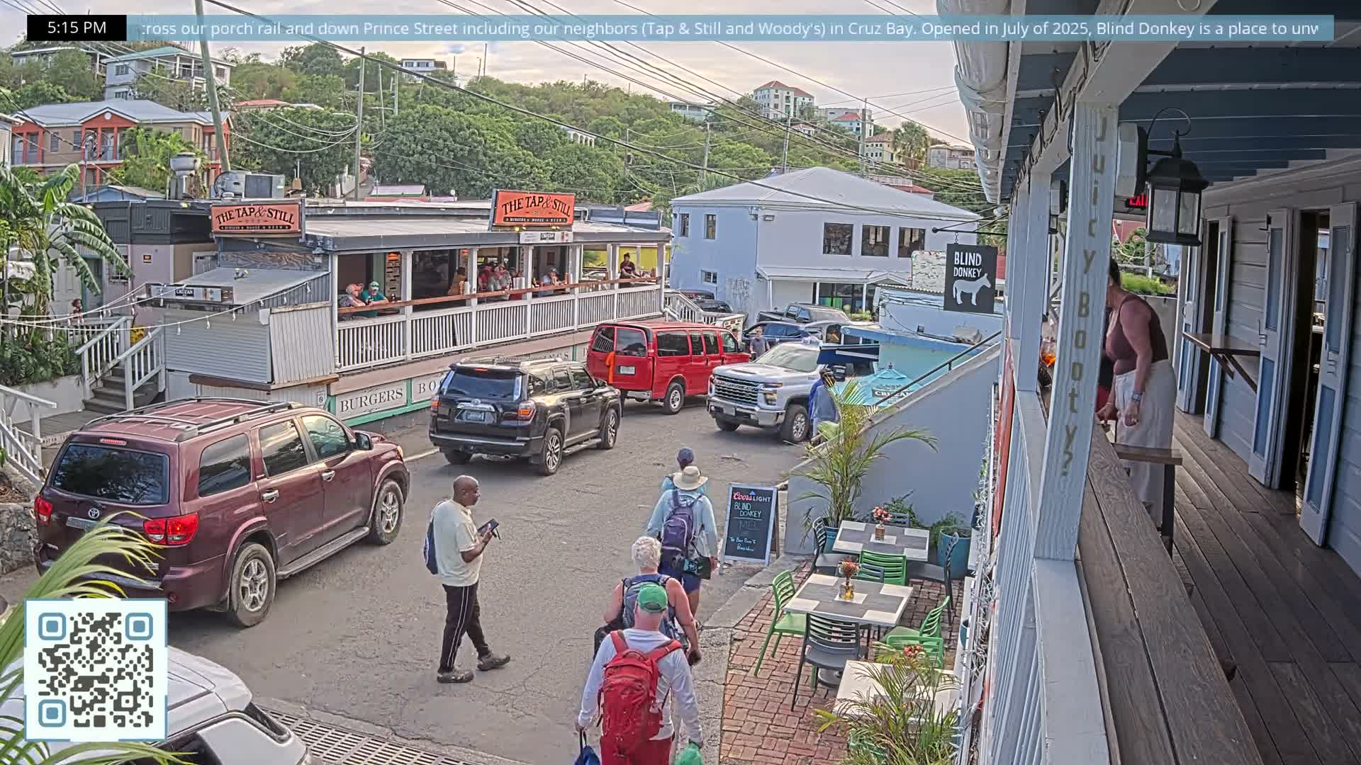 St. John, Cruz Bay Prince Street (Pridsens Gade) from Blind Donkey Live Cam - Cruz Bay, St. John, United States Virgin Islands, USA