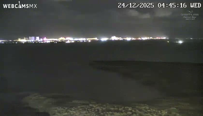 An aerial night view reveals a vibrant coastal city with brightly lit buildings, palm-lined streets, and a canal leading to a large body of water reflecting distant city lights, all under a heavily cloudy sky.