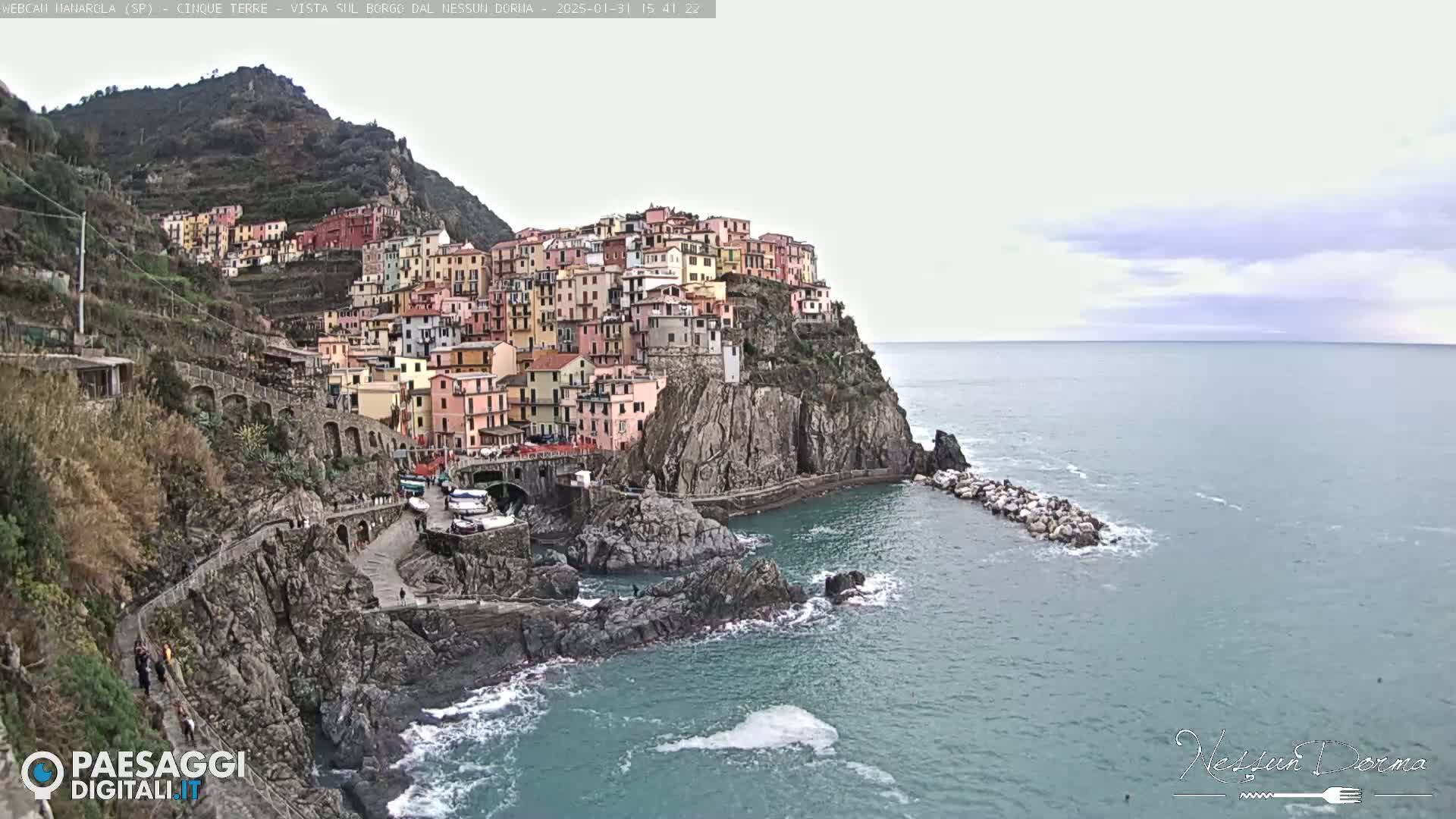 A colorful village clings to a steep cliffside overlooking a calm sea under a mostly cloudy sky.