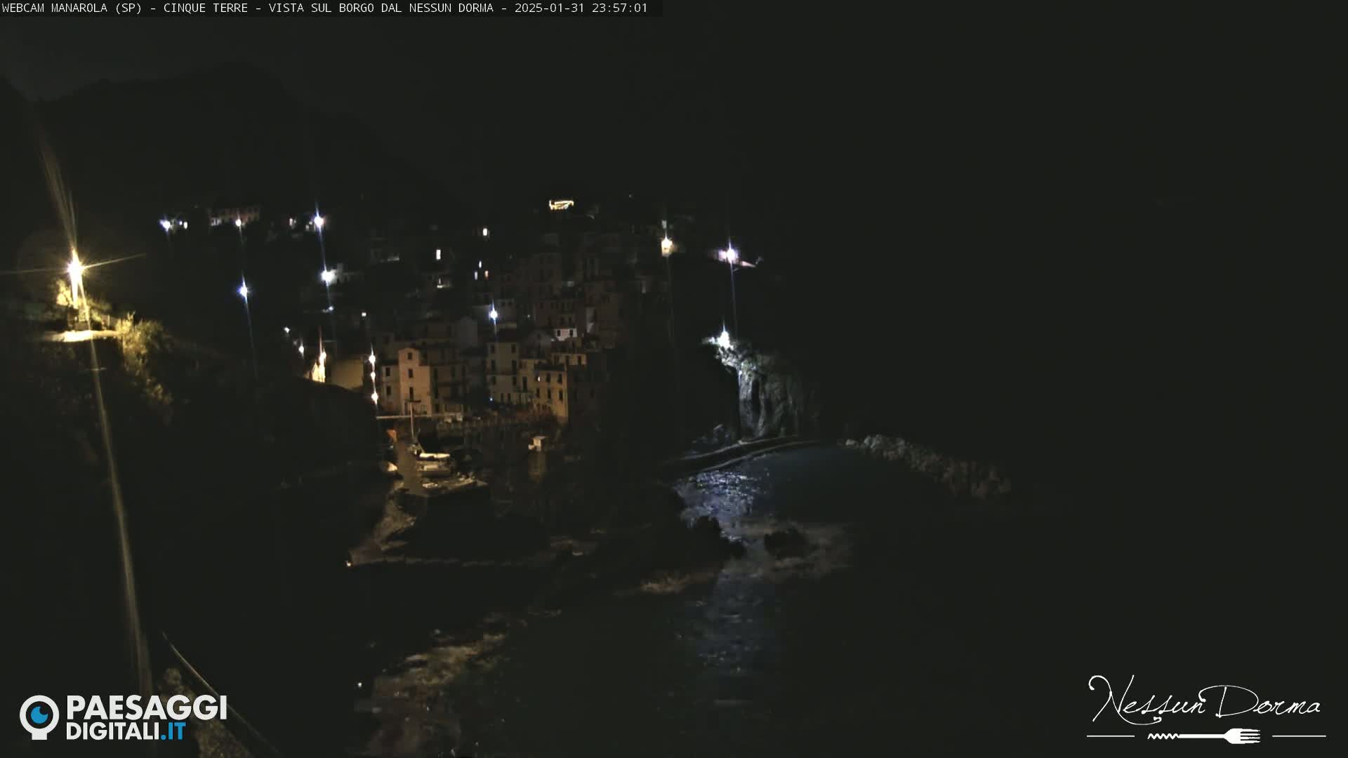A nighttime view of a coastal town, illuminated by scattered lights, with dark water visible below.