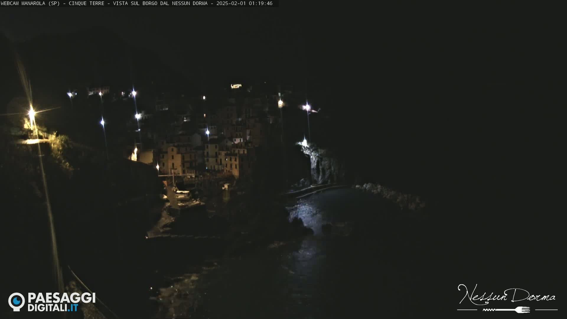 A nighttime, aerial view shows a coastal village with lights illuminating buildings and a dark body of water.