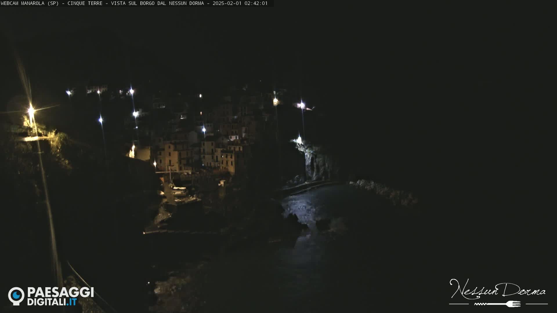 A nighttime, coastal village with sparsely lit buildings is seen from above, nestled on a dark cliffside next to a body of dark water.