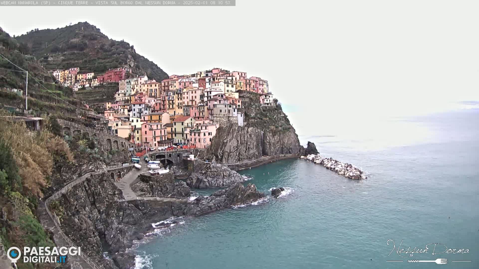 A colorful village clings to a steep cliffside overlooking a calm, teal sea.