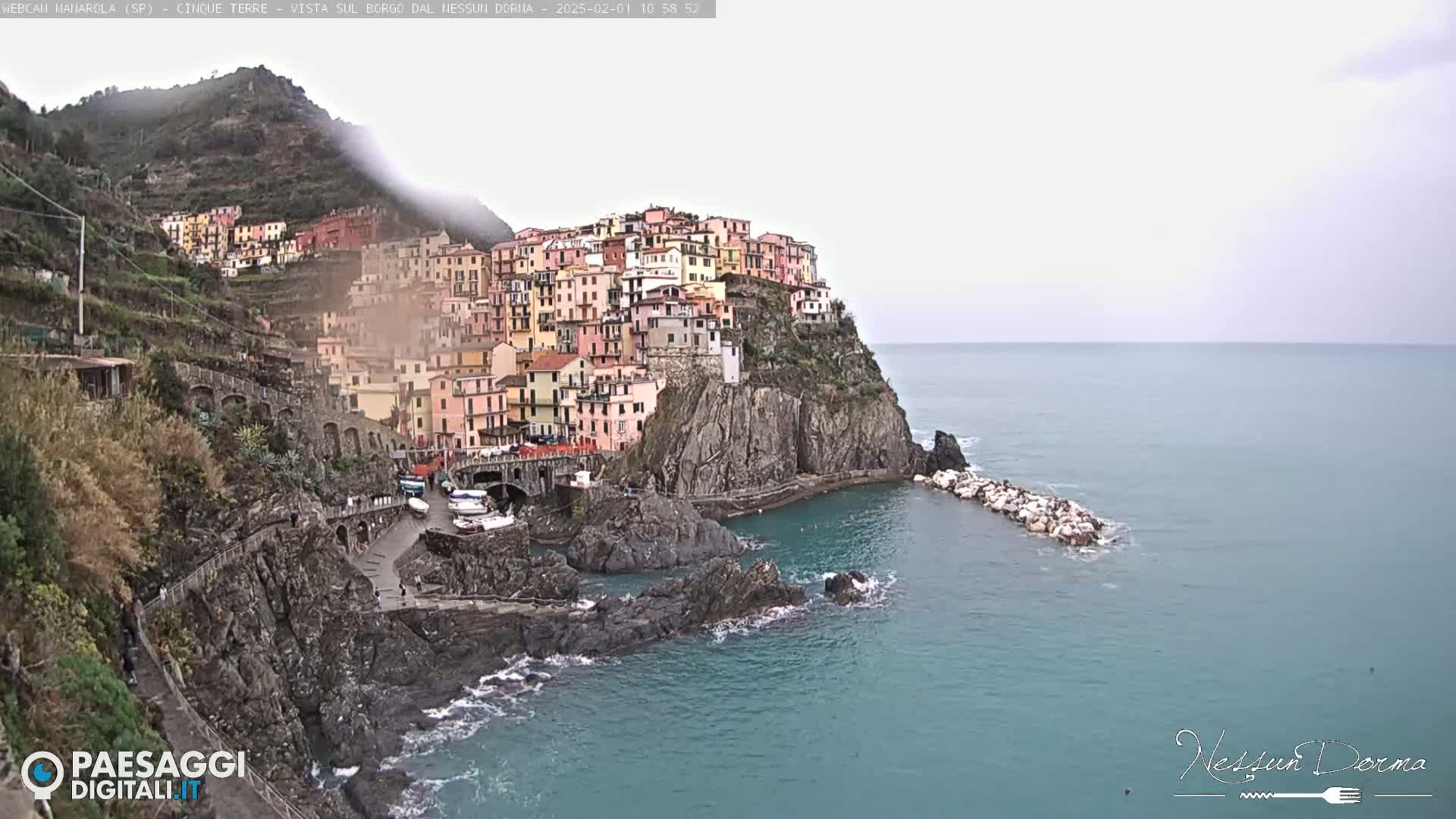 A colorful village clings to a steep cliffside overlooking a calm, blue sea under a mostly cloudy sky.
