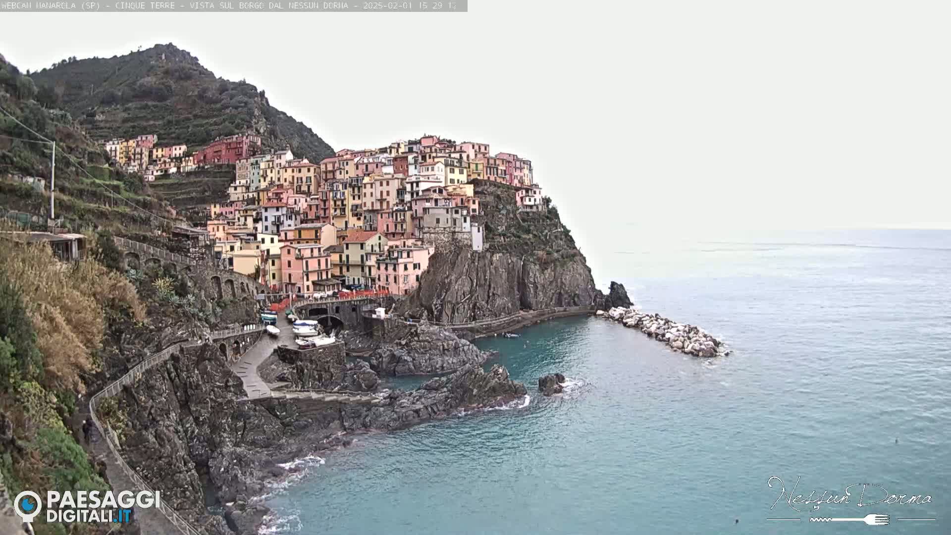 A colorful village clings to a steep cliffside overlooking a calm sea under an overcast sky.
