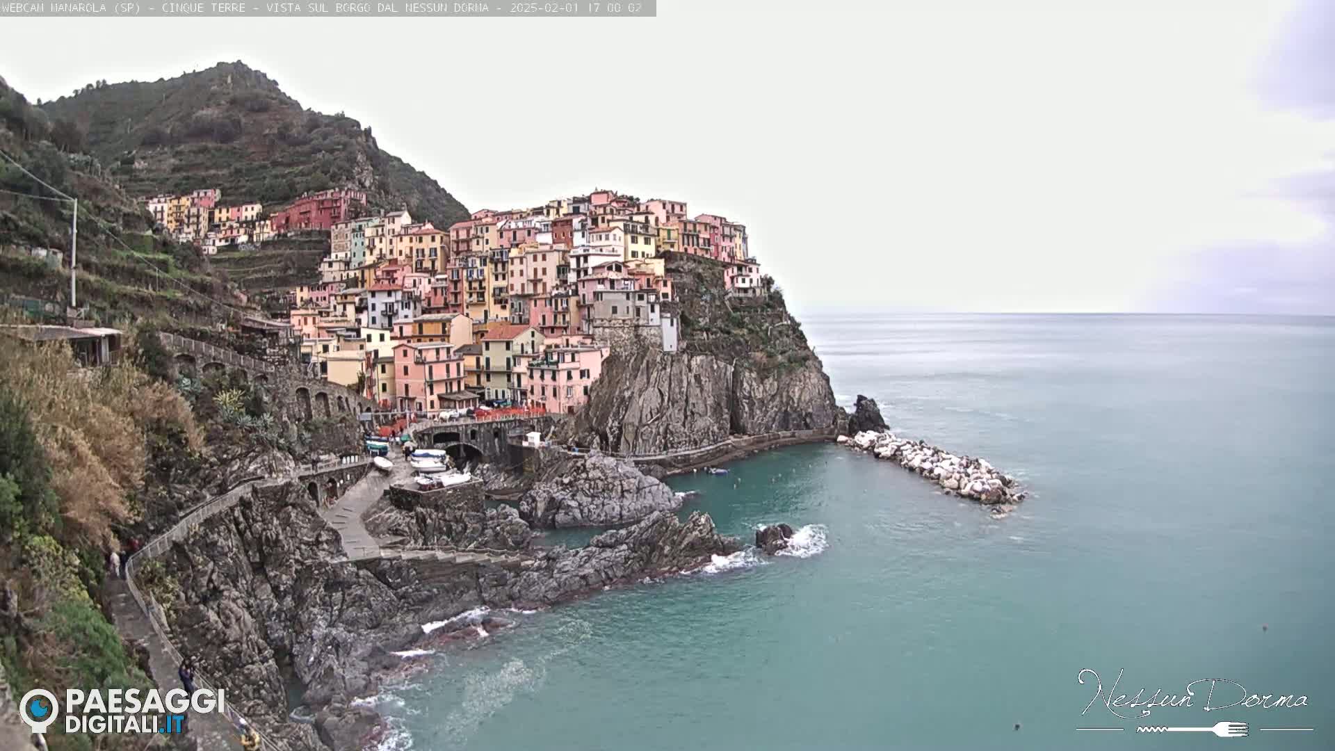 A colorful village clings to a steep cliffside overlooking a calm, teal sea under an overcast sky.
