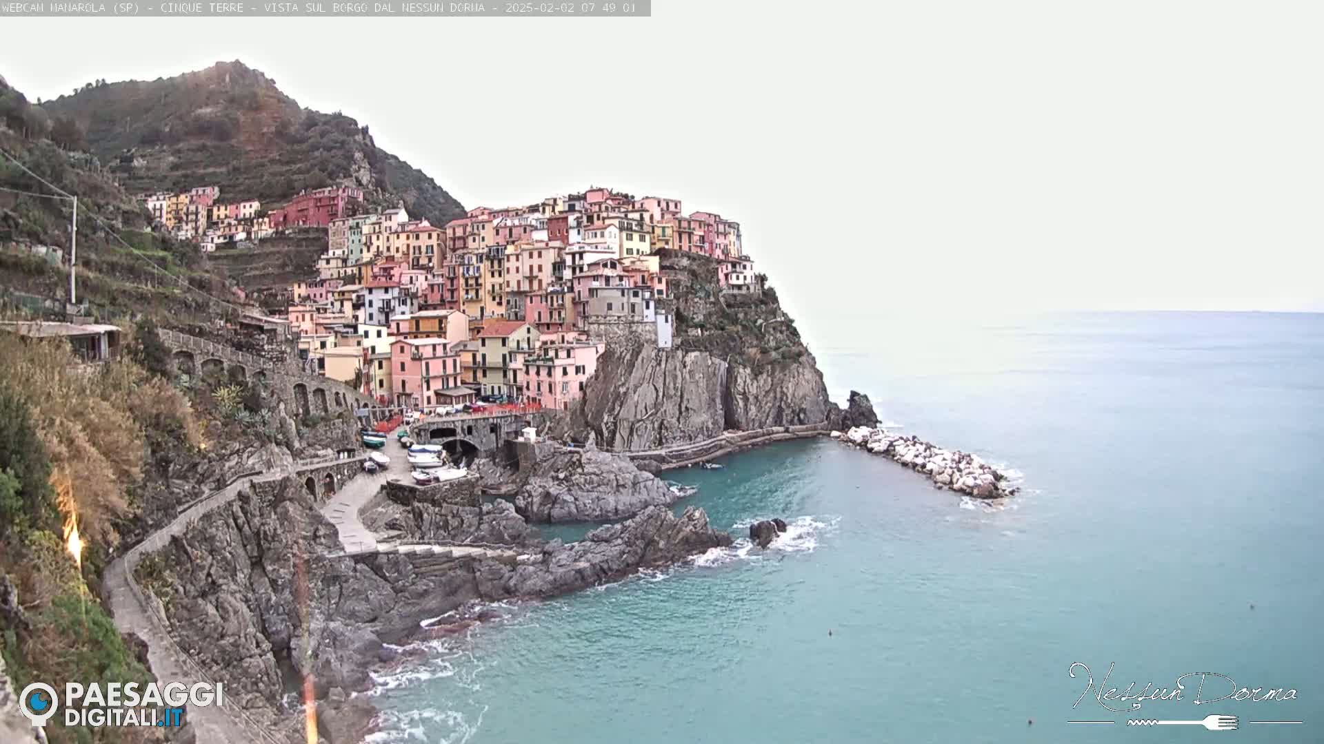 A colorful village clings to a steep cliffside overlooking a calm, teal sea under an overcast sky.