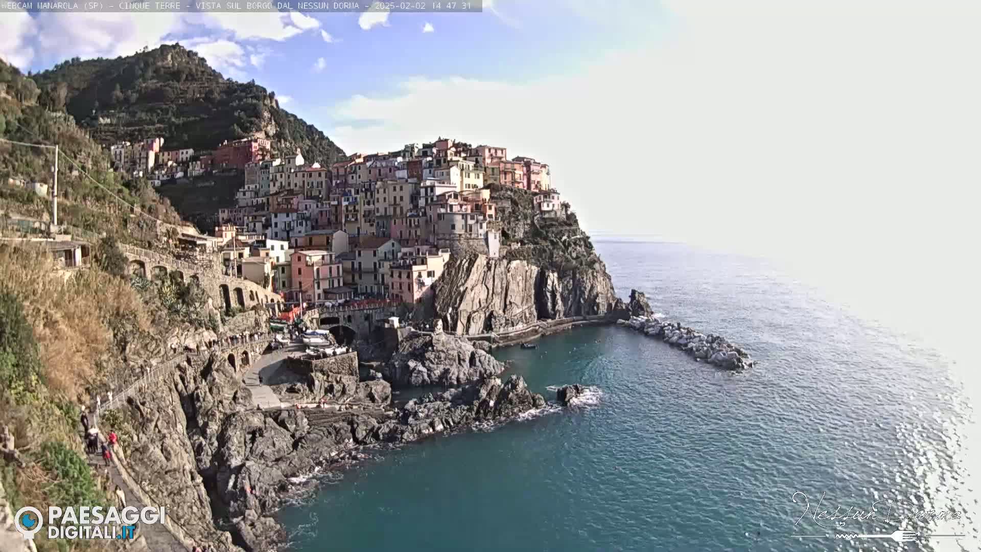 A colorful village clings to a steep cliffside overlooking a calm, blue sea on a bright, sunny day.