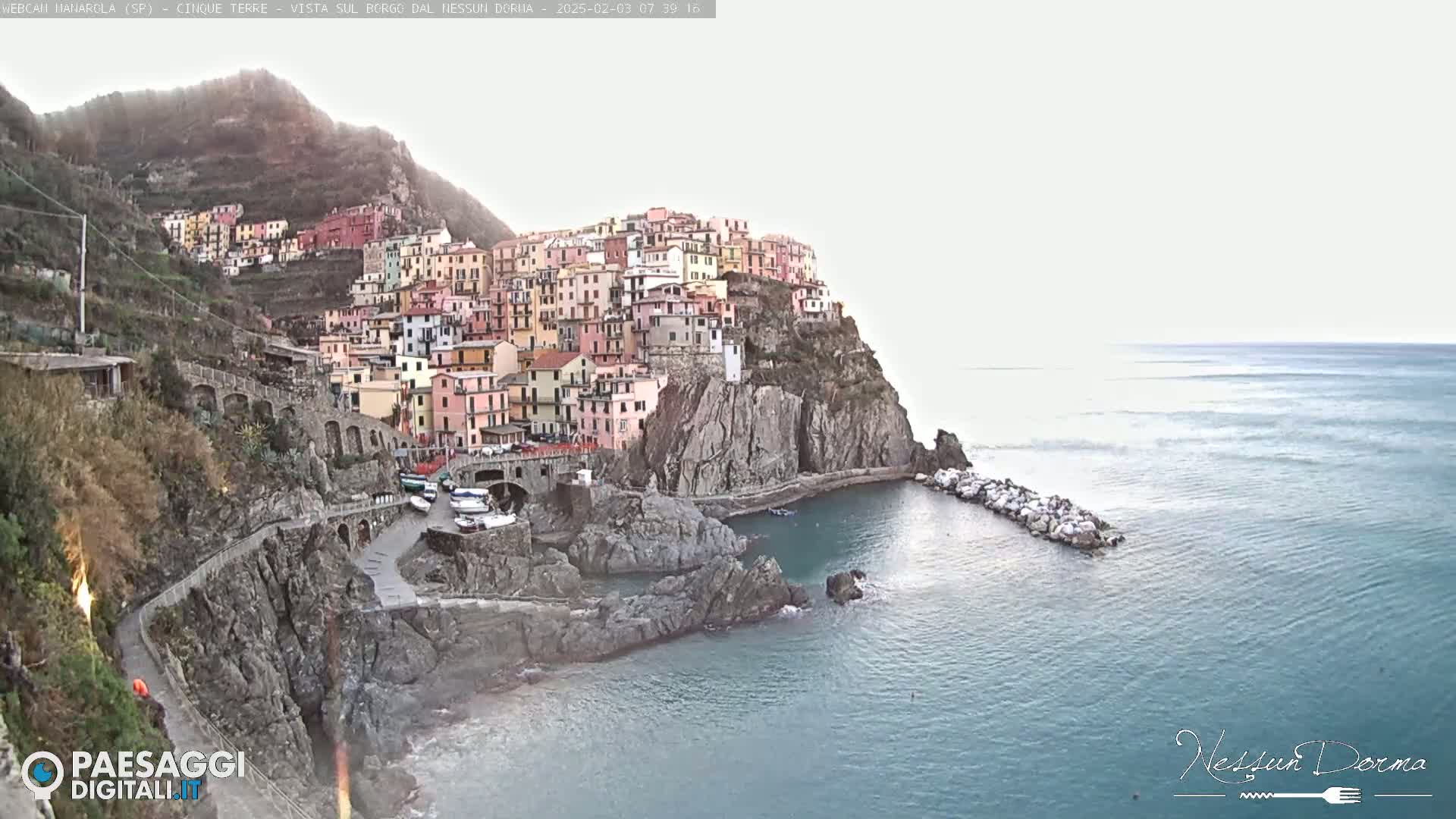 A colorful village clings to a steep cliffside overlooking a calm sea under an overcast sky.
