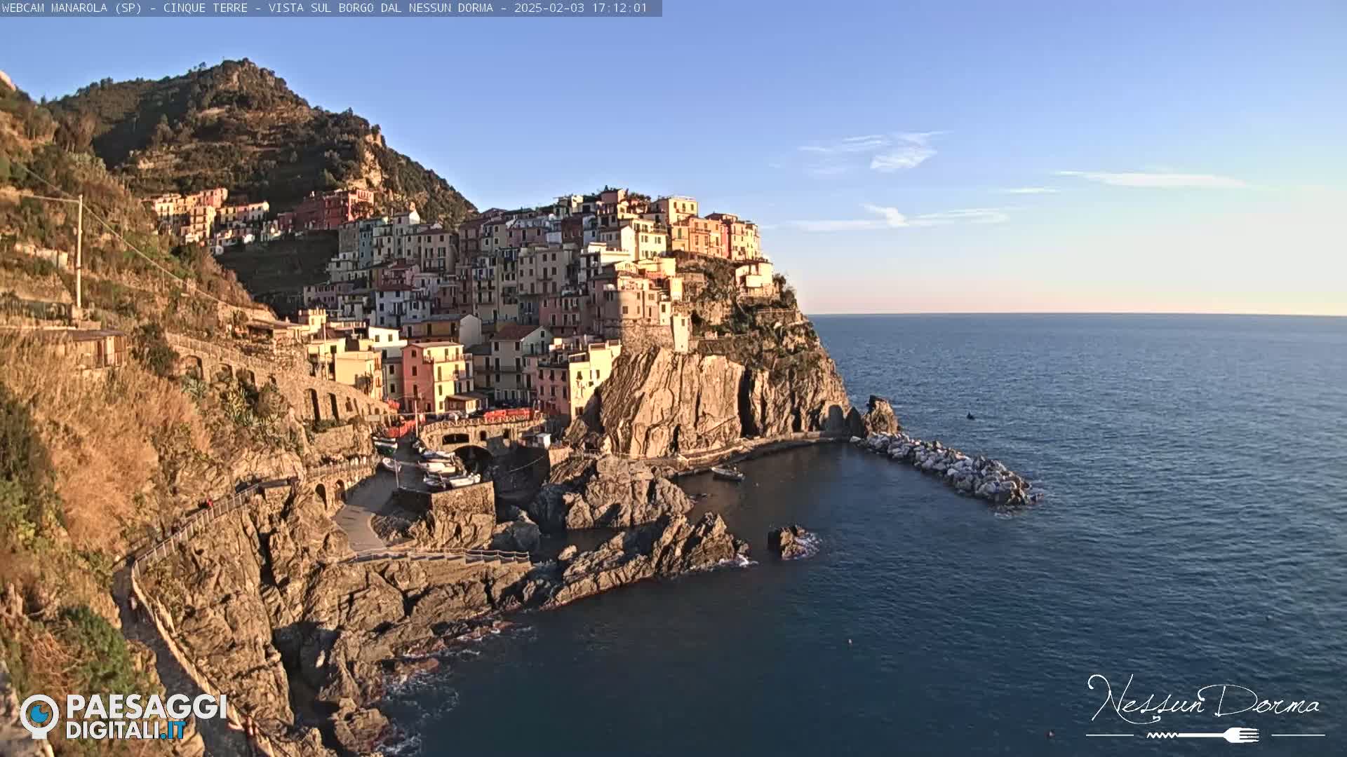 A colorful village clings to a rocky cliffside overlooking a calm, blue sea under a clear, daytime sky.