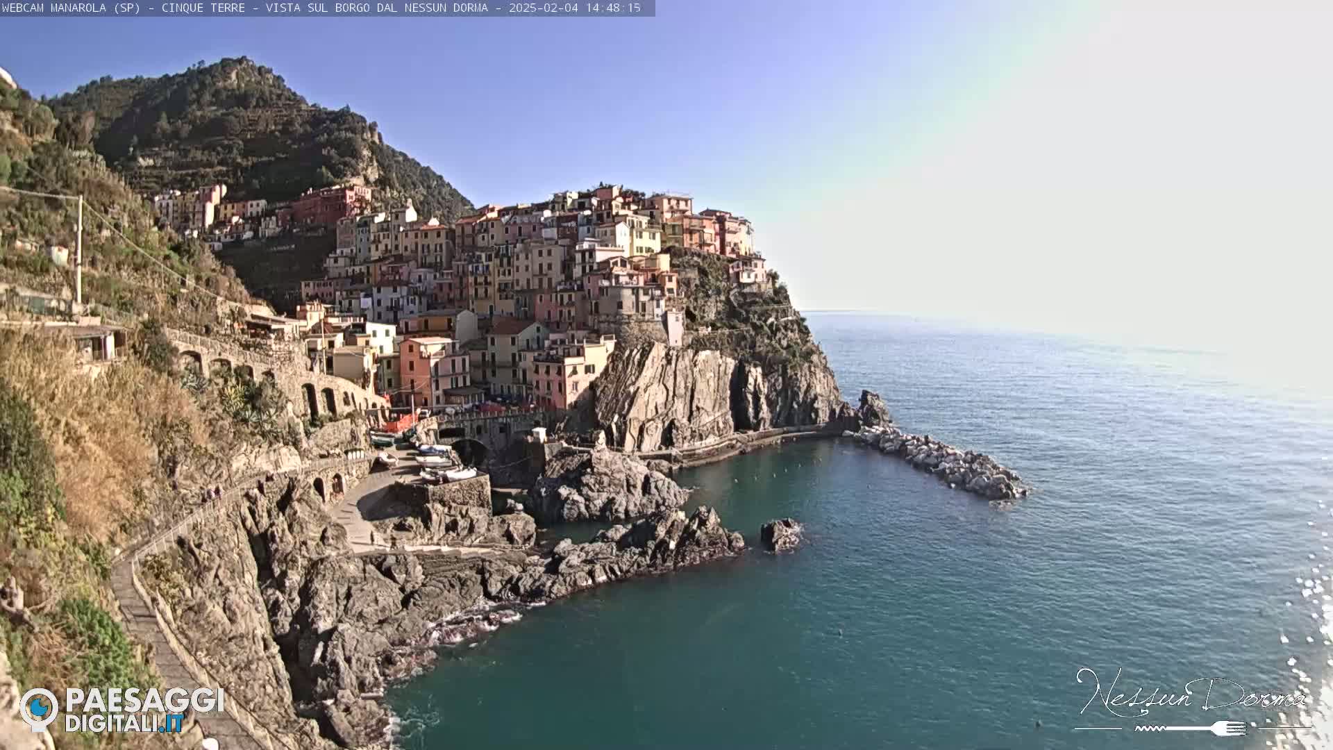 A colorful village clings to a steep cliffside overlooking a calm blue sea under a clear sky.