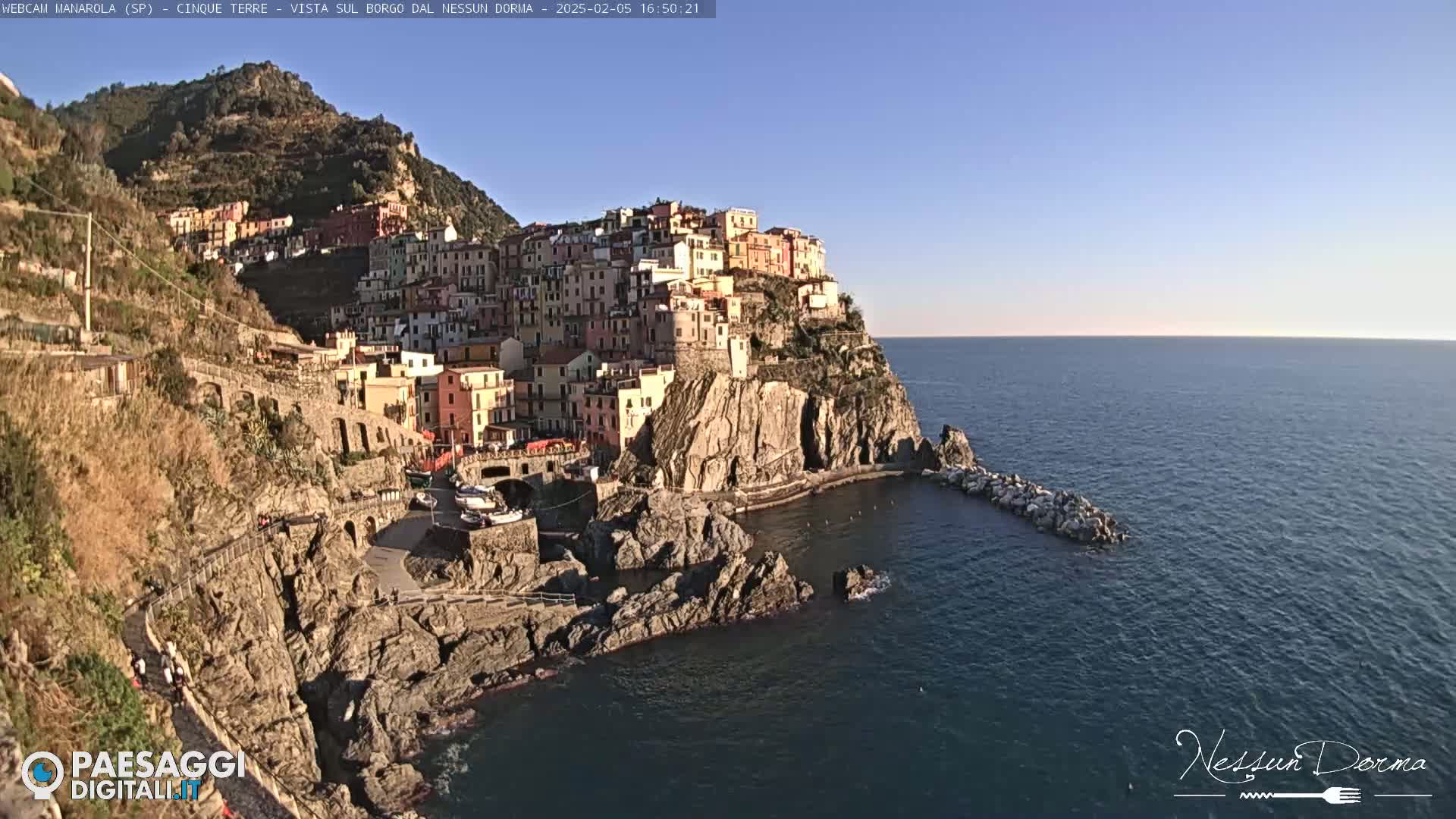 A colorful village clings to a rocky cliffside overlooking a calm, dark blue sea under a clear, bright sky.