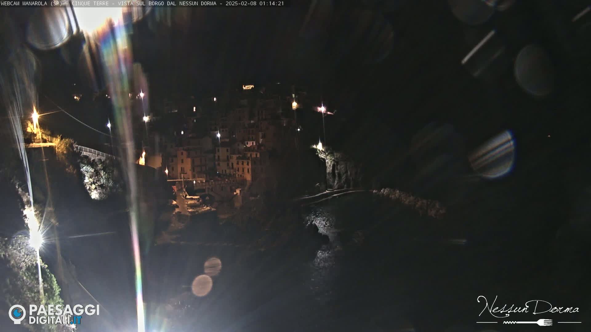 A nighttime, aerial view of a coastal town illuminated by lights, with a dark body of water below and lens flares in the foreground.