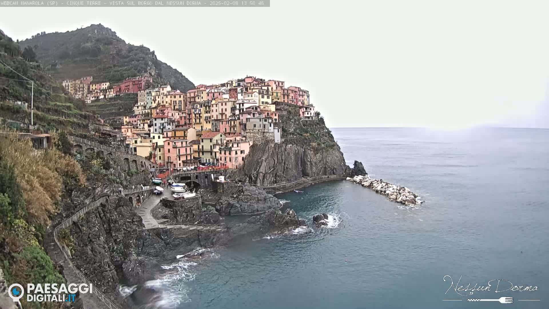 A colorful village clings to a steep cliffside overlooking a calm sea under an overcast sky.