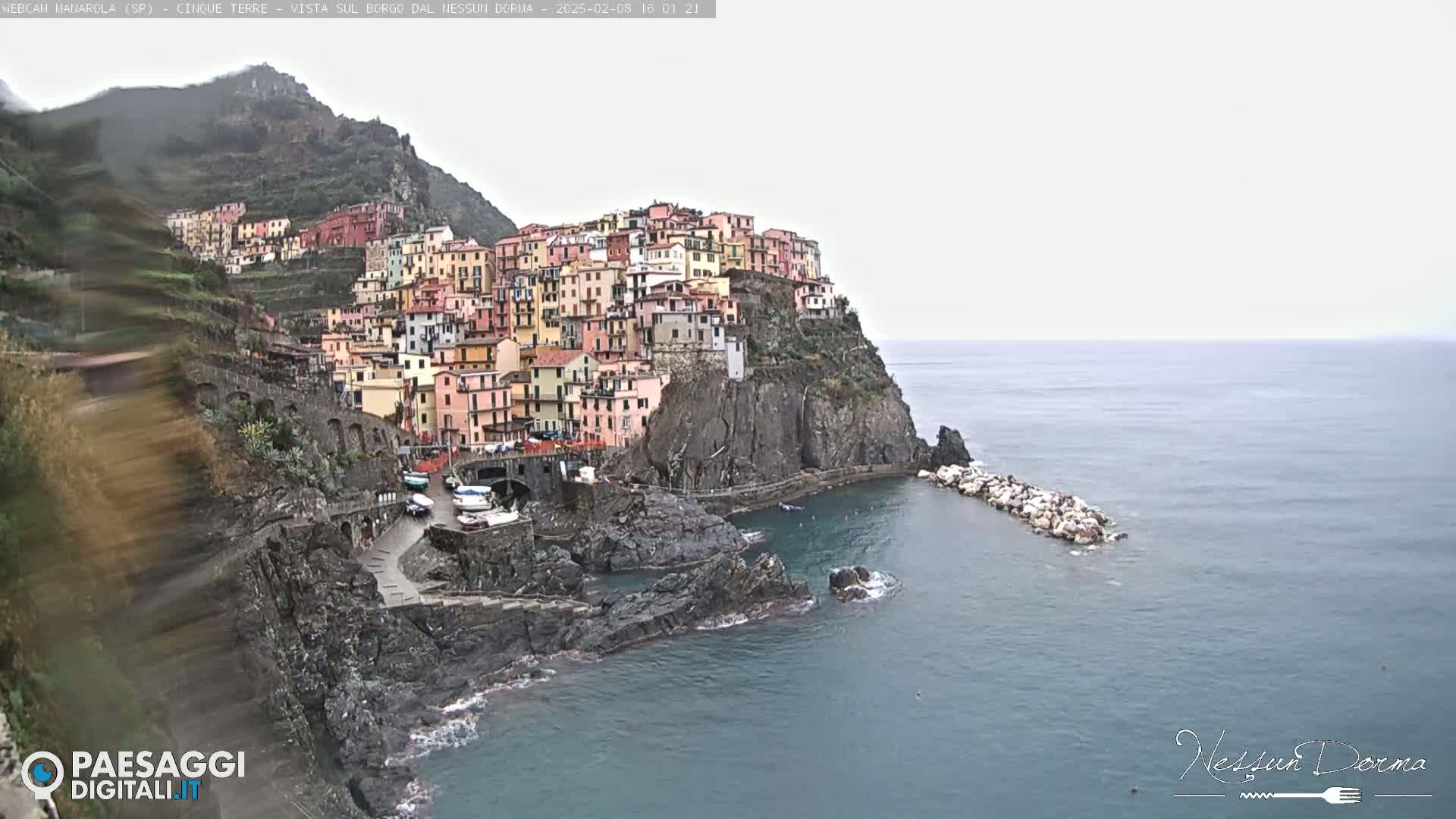A colorful village clings to a steep cliffside overlooking a calm sea under an overcast sky.
