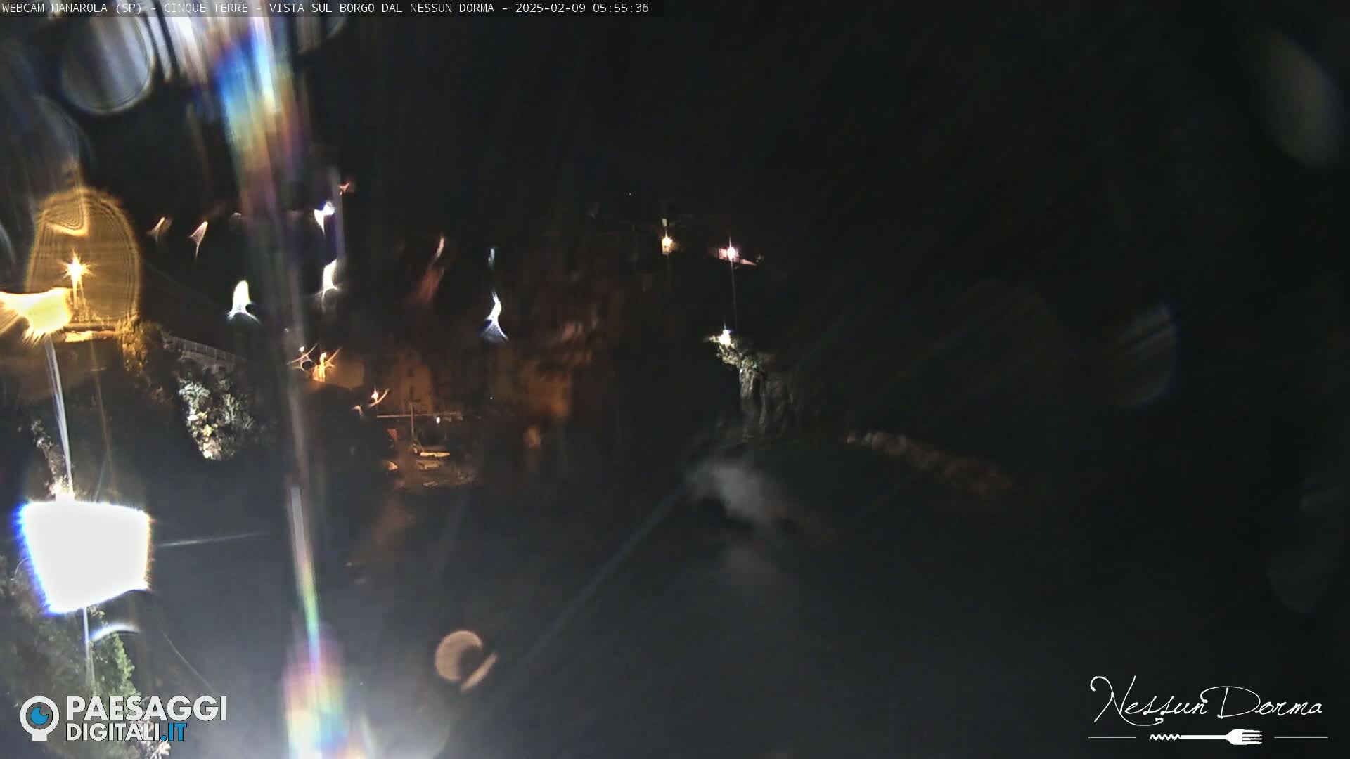 A nighttime, blurry view of a dimly lit area with several points of light, possibly from lights or flares, and lens flares obscuring parts of the scene.