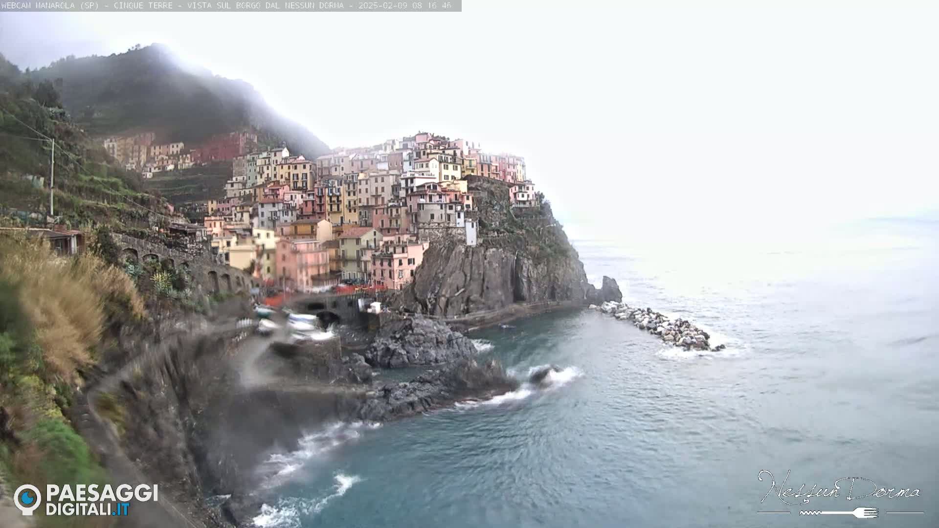 A coastal village with colorful buildings clinging to a steep cliffside is partially obscured by fog, with choppy water lapping at the rocky shore.