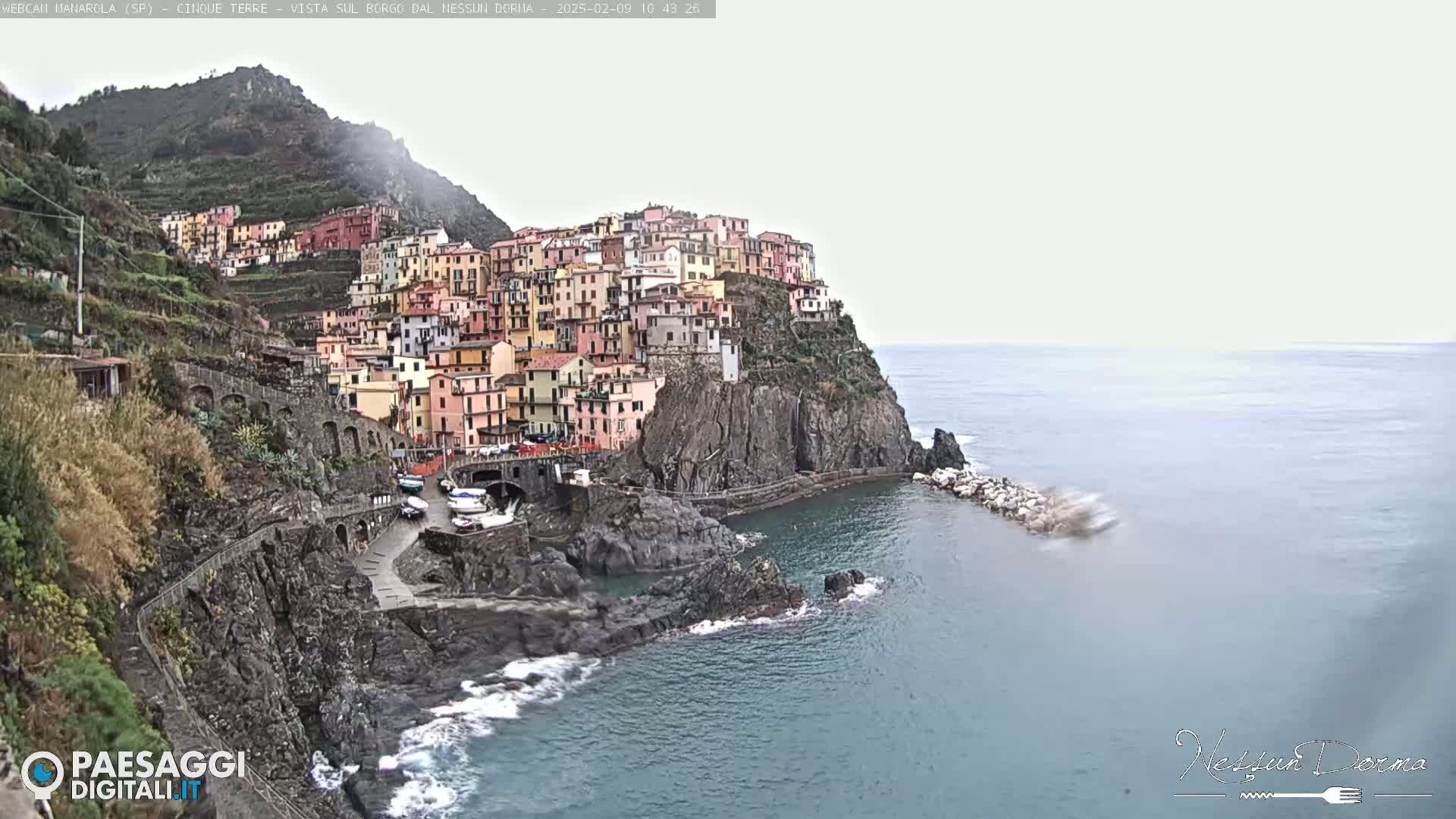 A colorful village clings to a steep cliffside overlooking a calm sea under an overcast sky.