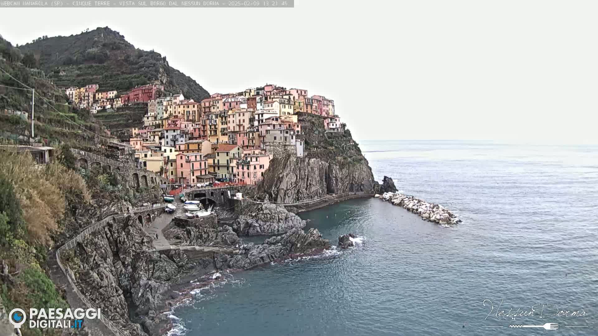A colorful village clings to a steep cliffside overlooking a calm sea under an overcast sky.