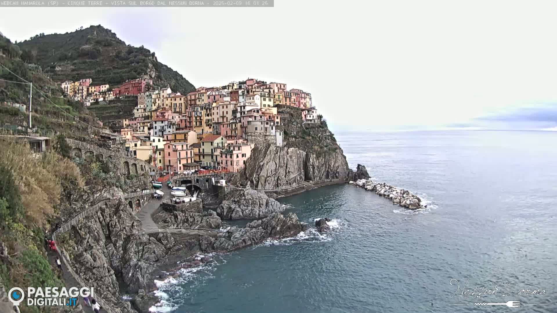 A colorful village clings to a rocky cliffside overlooking a calm sea under an overcast sky.