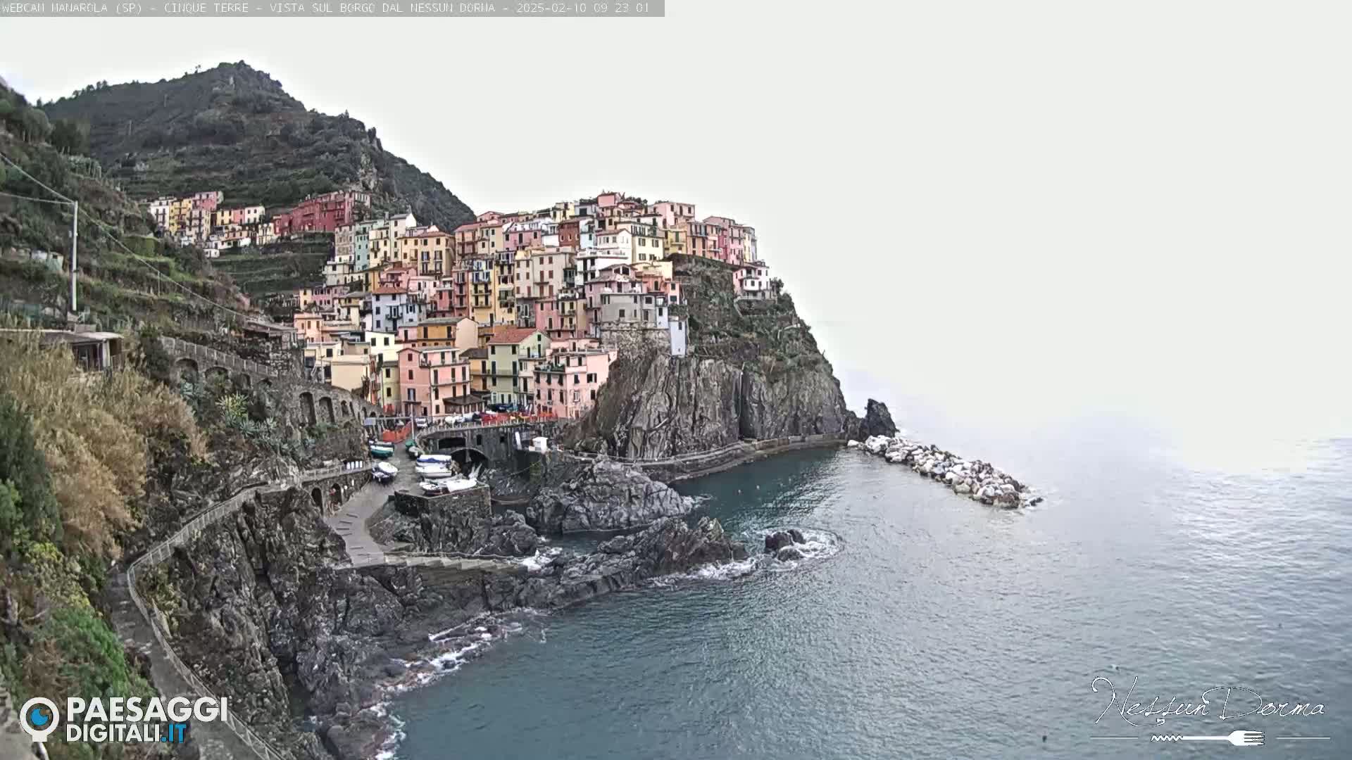 A colorful village clings to a steep cliffside overlooking a calm sea under an overcast sky.