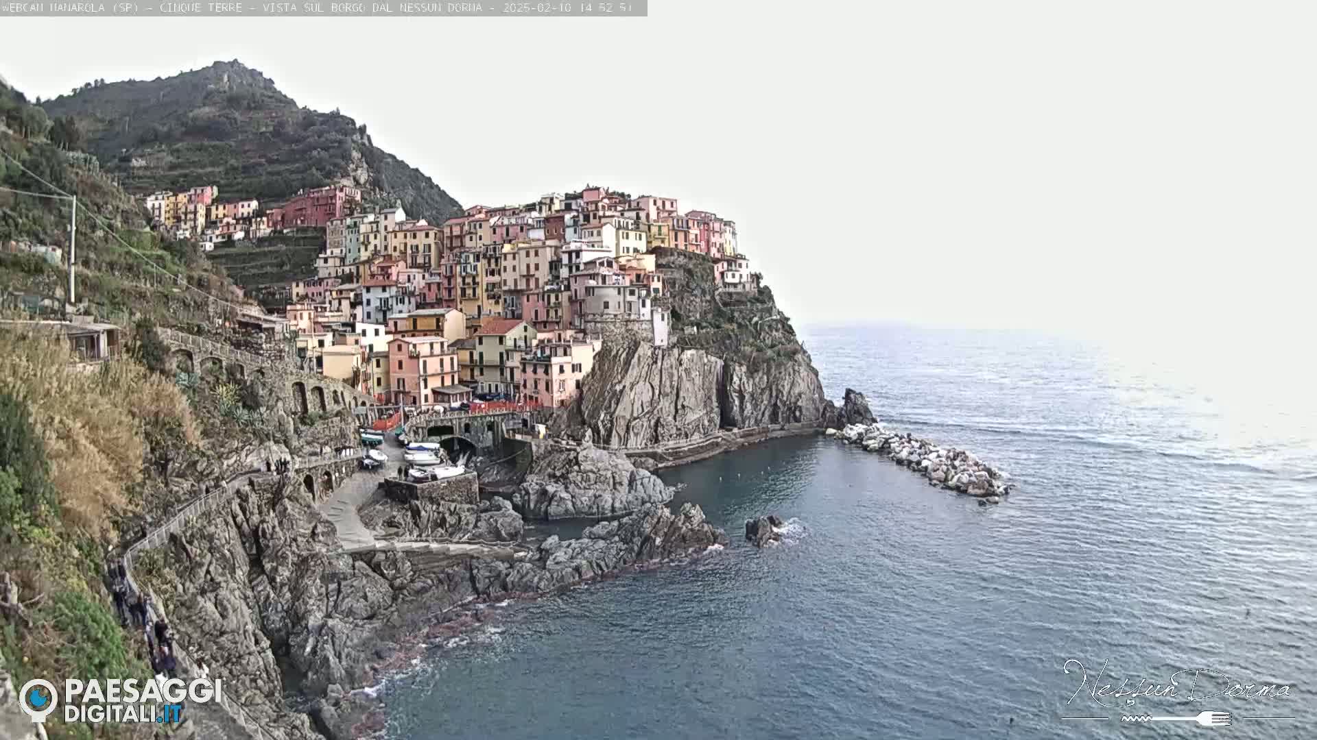 A colorful village clings to a steep cliffside overlooking a calm sea under an overcast sky.