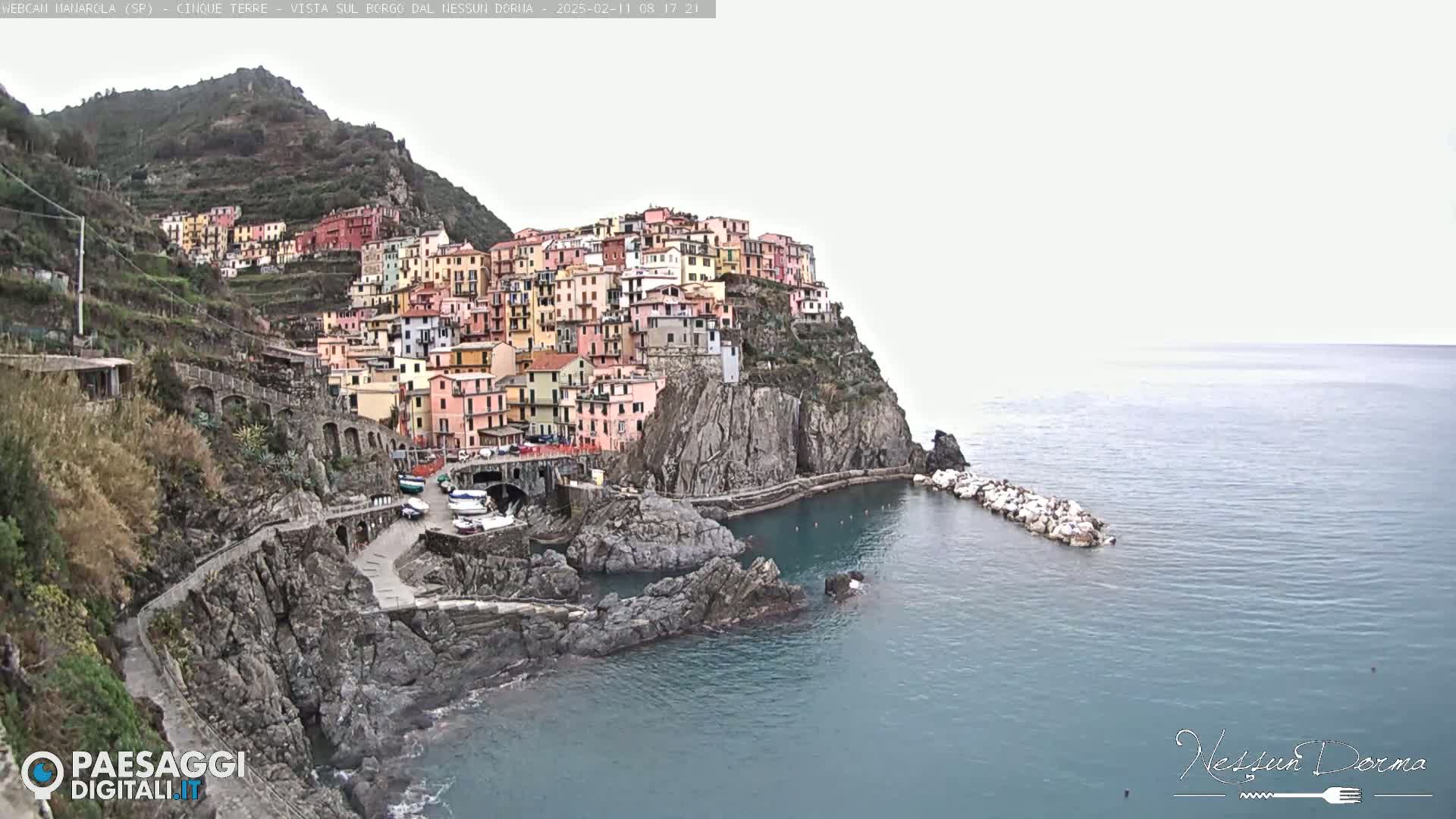 A colorful village clings to a steep cliffside overlooking a calm, blue sea under a mostly cloudy sky.