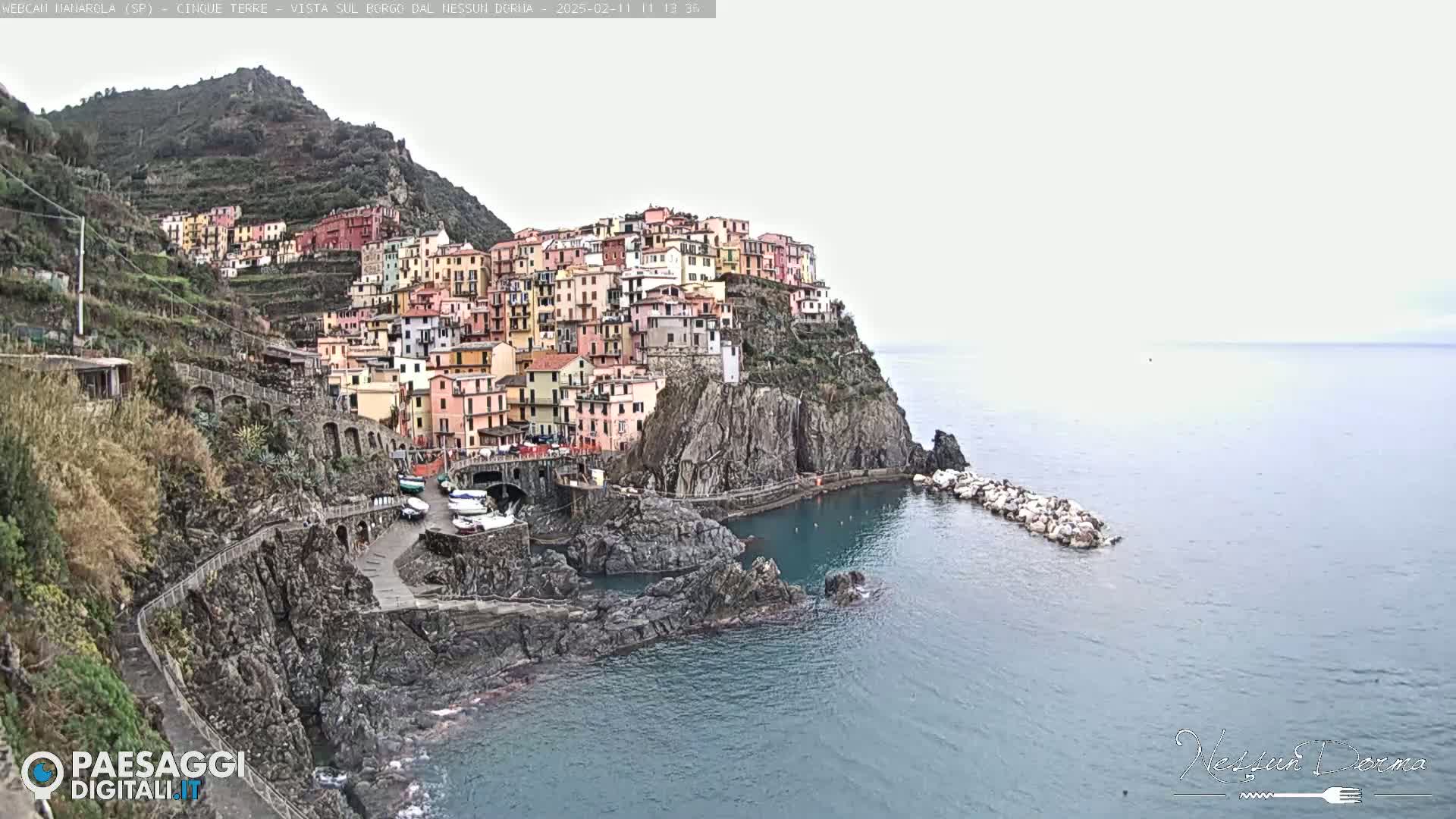 A colorful village clings to a steep cliffside overlooking a calm sea under an overcast sky.