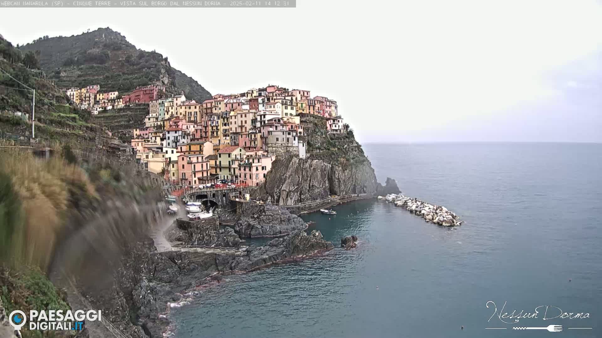 A colorful village clings to a steep cliffside overlooking a calm sea under an overcast sky.