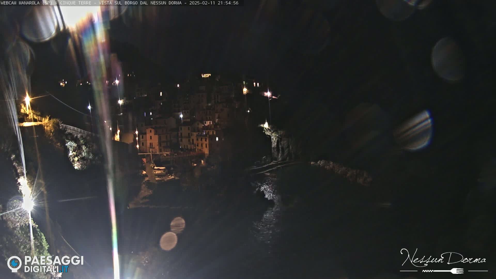 A nighttime coastal town with illuminated buildings is seen from across the water, with lens flares present.