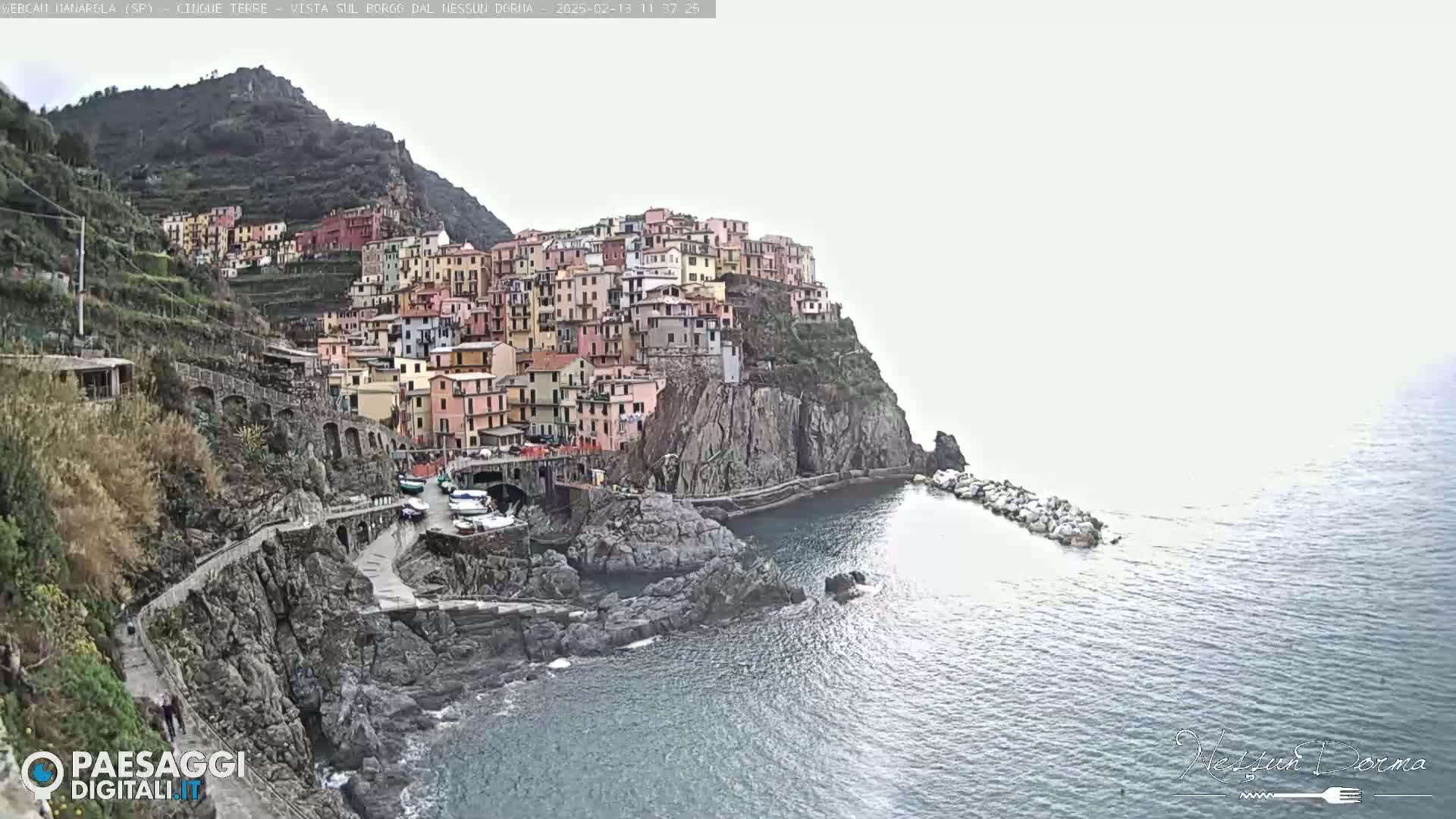 A colorful village clings to a steep, rocky cliffside overlooking a calm sea under an overcast sky.