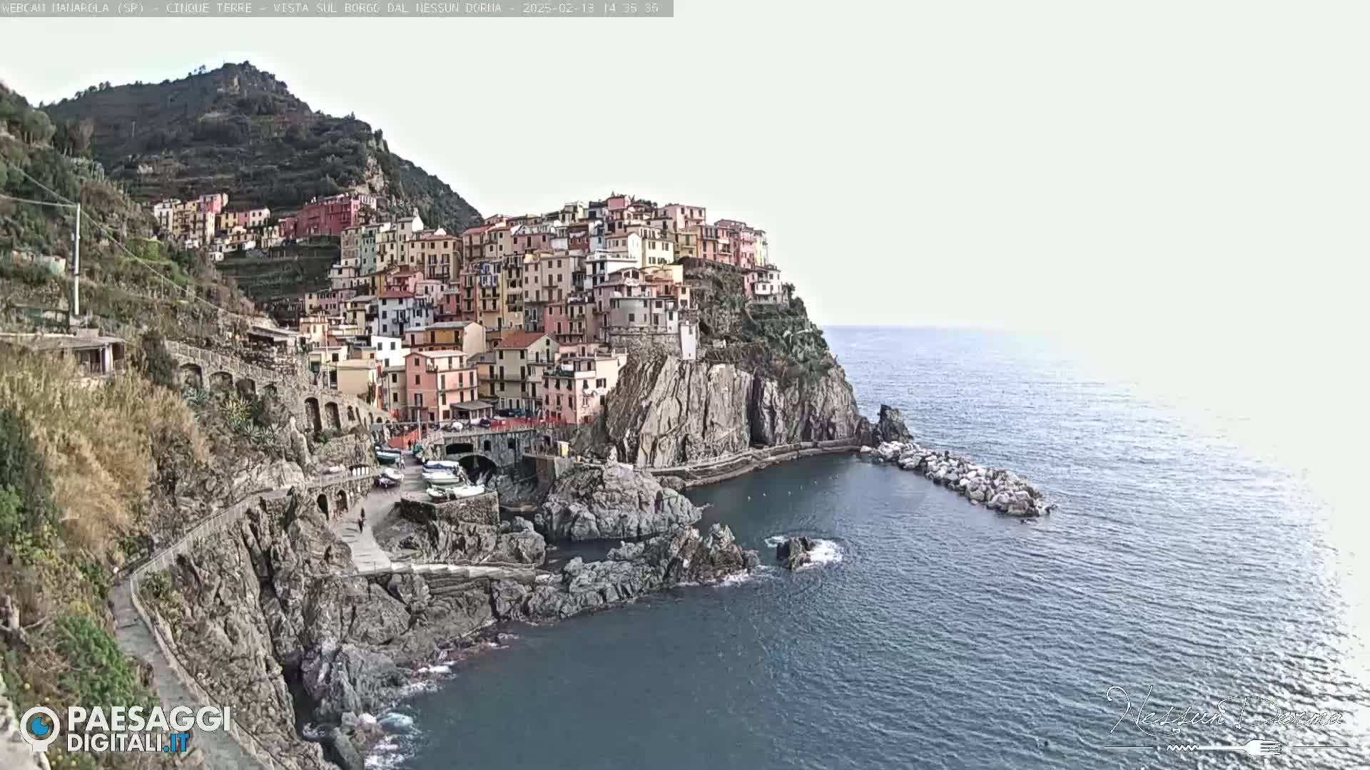 A colorful village clings to a steep, rocky cliffside overlooking a calm sea under an overcast sky.
