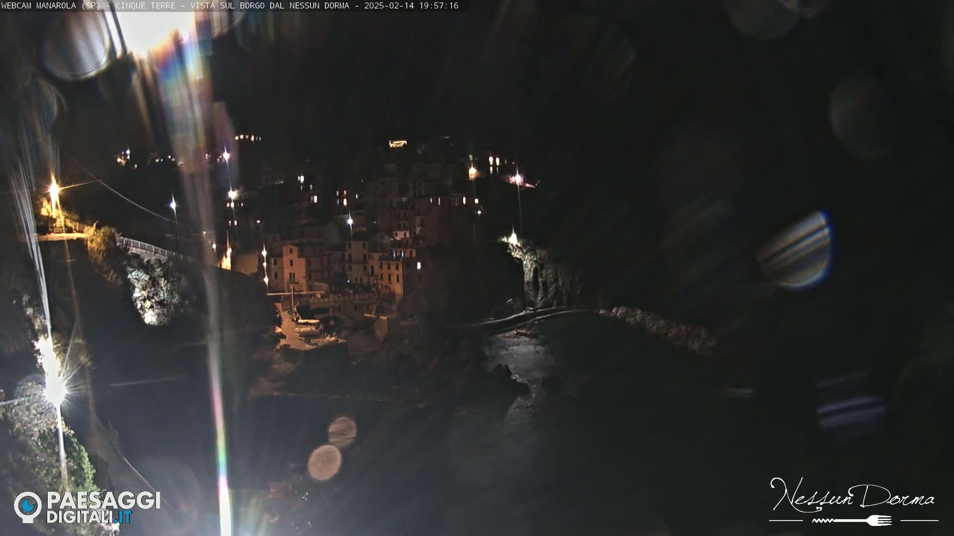 A nighttime view of a coastal village with buildings lit up, situated on a dark cliffside next to a body of dark water.