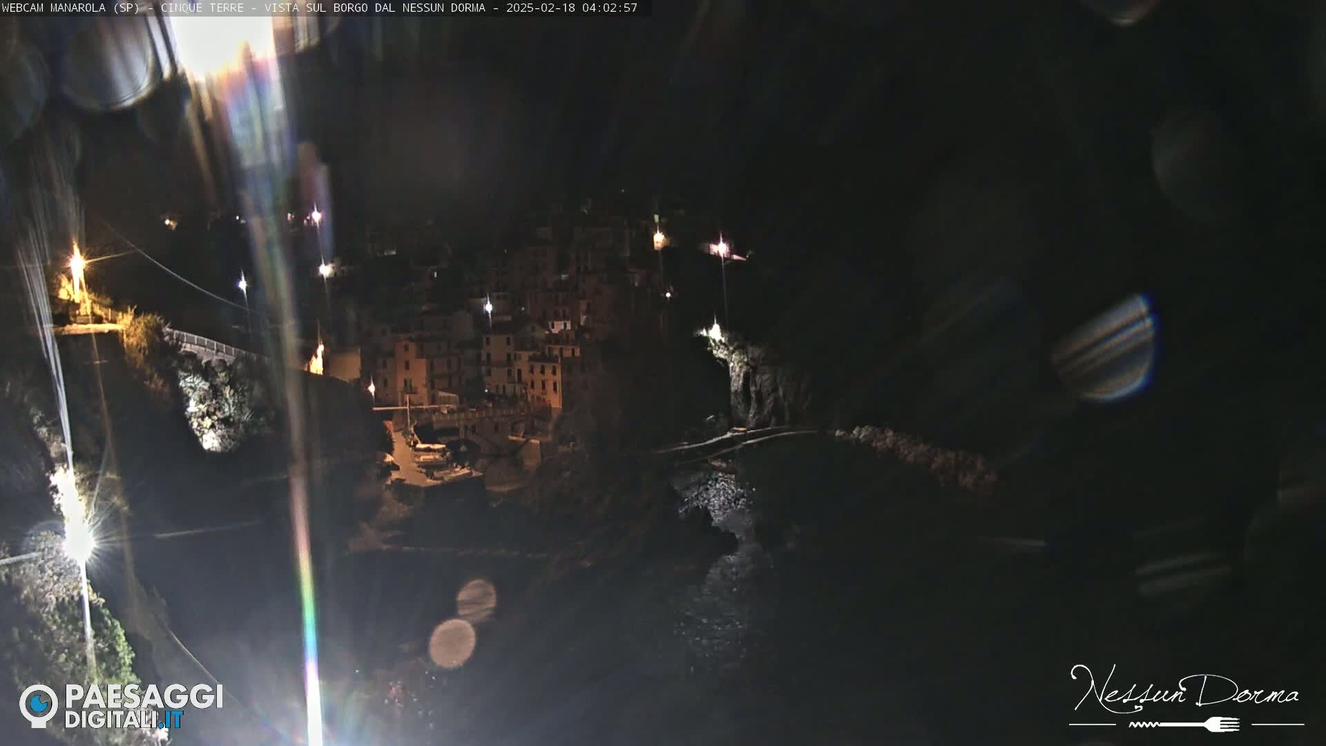 A nighttime, coastal village is illuminated by scattered lights, nestled between dark cliffs and a calm body of water.