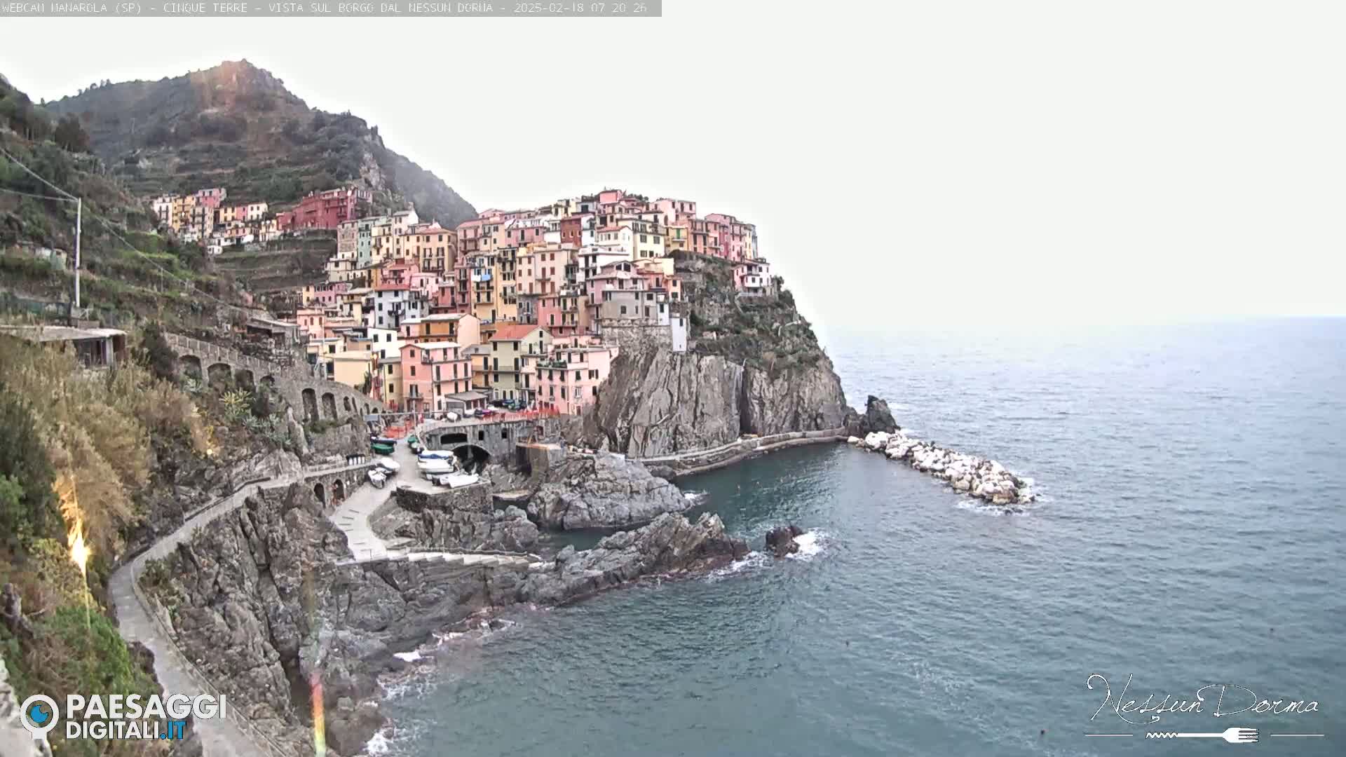 A colorful village clings to a steep cliffside overlooking a calm sea under an overcast sky.